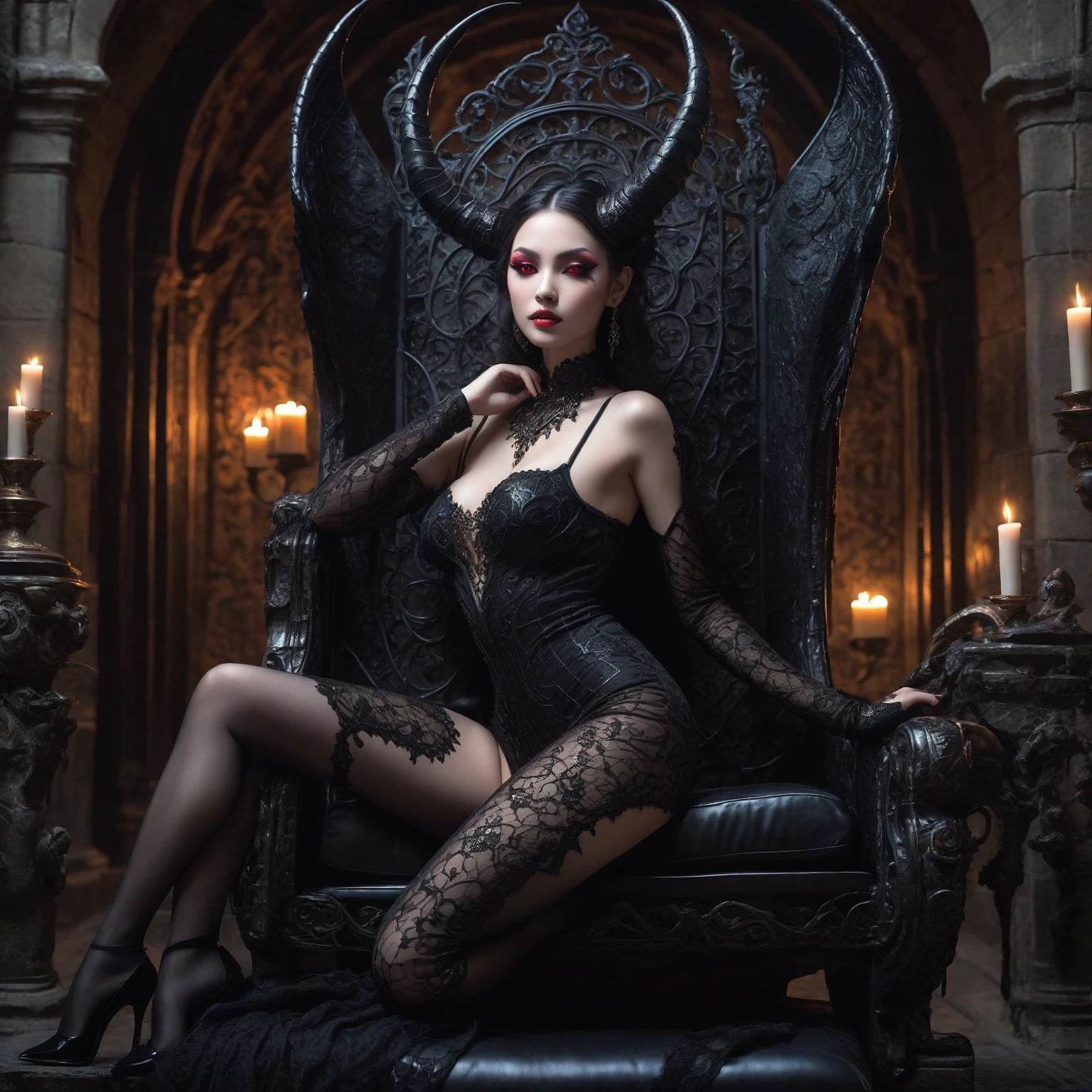 dark fantasy style, 1 sorceress girl, beautiful, slender, sexy, big breasts, makeup, expensive luxurious dark fantasy sorceress dress, skull decoration, long high-heeled boots, lace stockings, in the room, on a chair, hentai,