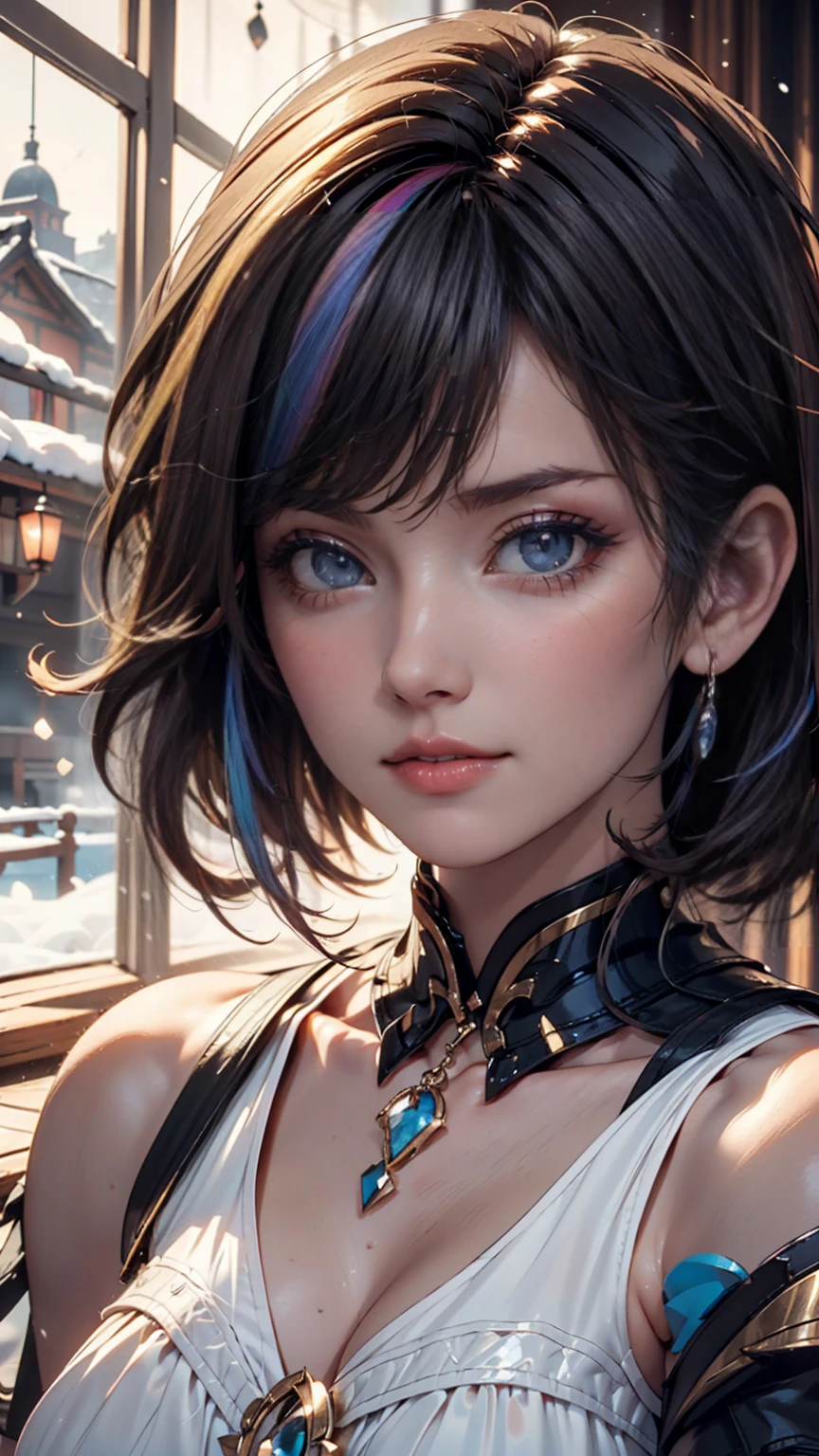 Brown hair man on white background, round face with smile, round face, realistic portrait of kawaii, big blue eyes, blue silk dress, blue and green light luxury necklace, necklace diamond texture, CG rendering, non-realistic, short hair, 8K highly detailed face, round face, single realistic face, Guweiz style artwork, Korean symmetrical face, beauty filter, fair and beautiful face, realistic, virtual character, full body, clear jawline, bright picture, white and tender skin, HD picture, all around sparkling, Diamonds sparkle