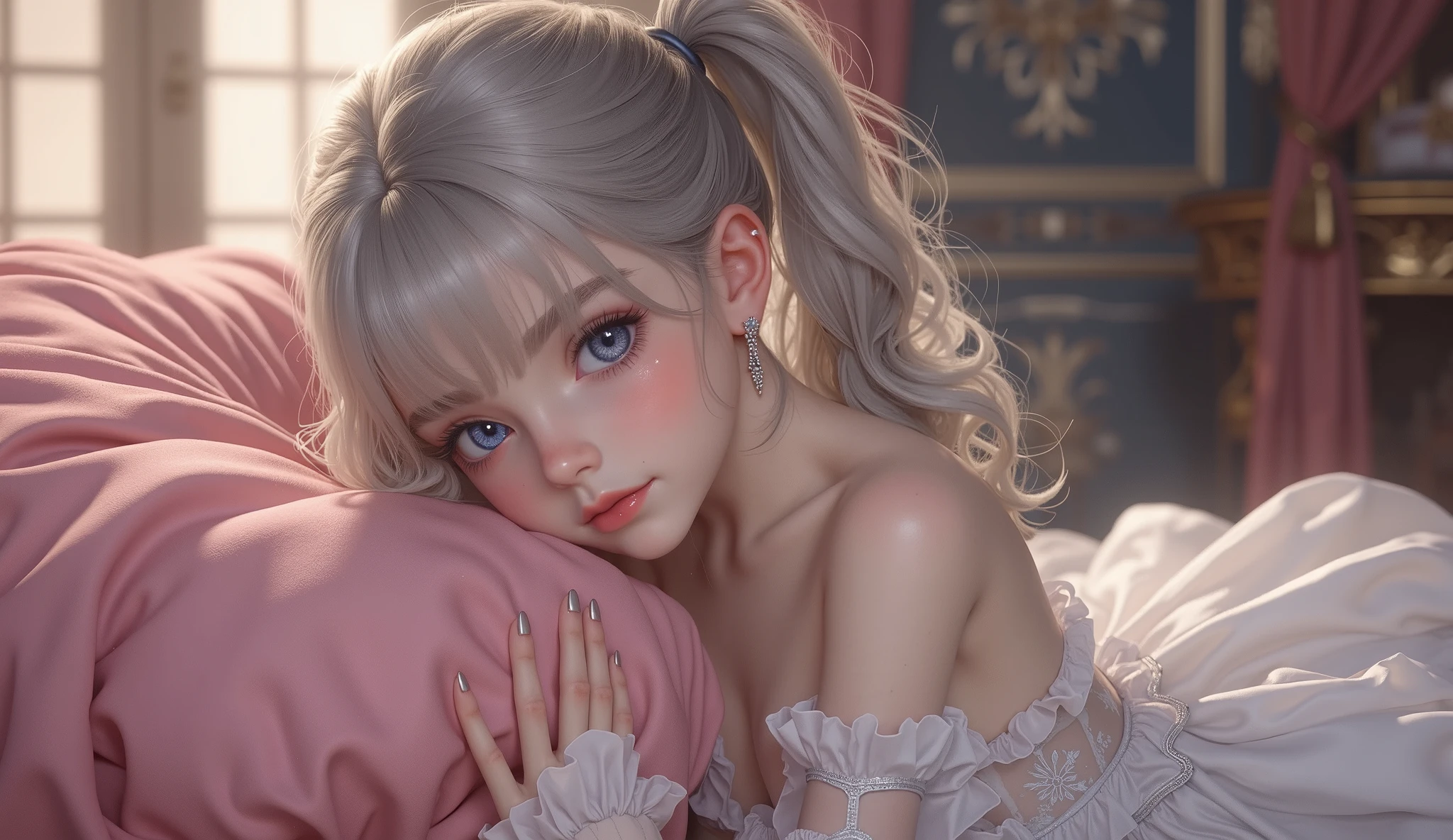 Line drawings are colored,A woman lies naked on a black and white pillow,Silvery-white hair,Purple eye,There are blonde hair ornaments on the head,The forehead is decorated with yellow crystals,Eye teasing,high definition 4k,The eyes are clearly drawn,A strand of hair draped over his right arm,Place your right hand in a fist on the right side of your face,shiny skin,Pink complexion