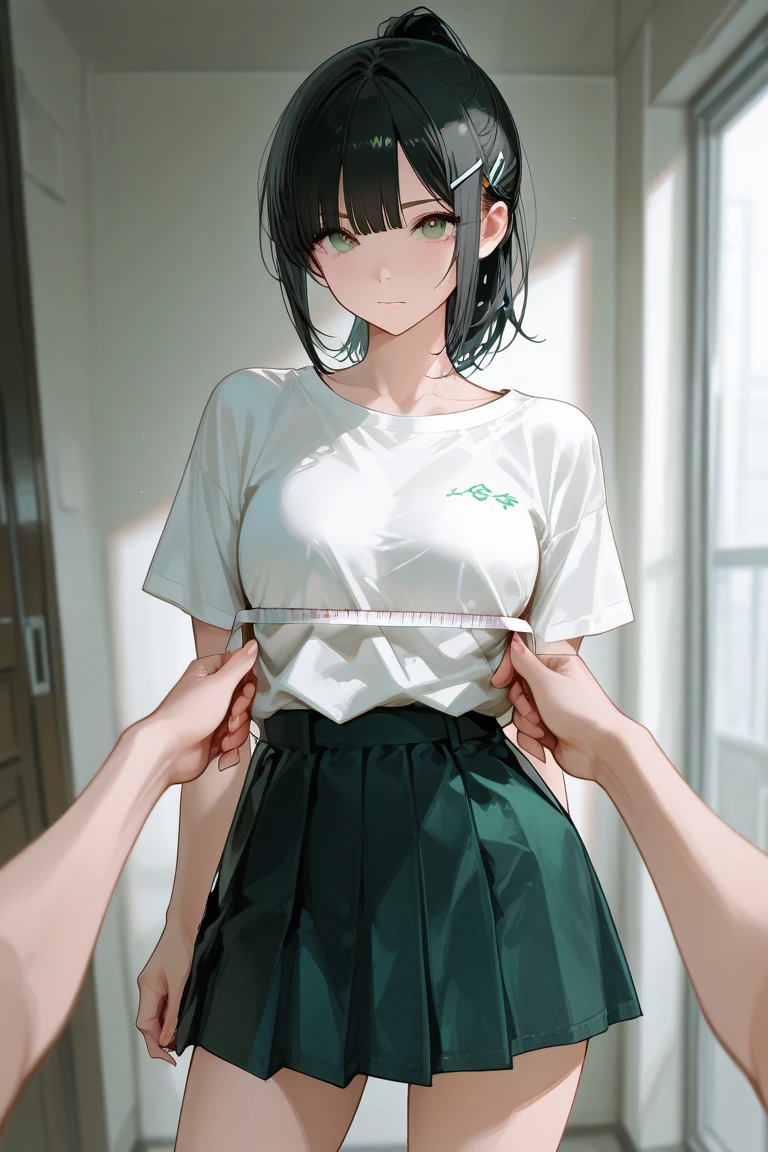 From below,De metamorphosis、Small breasts,Black Hair,short hair,Green Eyes, Black-rimmed glasses,(Shocking pink polo shirt,Short sleeves, skin-colored pants) ,(Sweaty skin:1.1), Outdoor,sunlight, Blue sky with clouds,Strong winds,(High resolution, high quality:1.1), Intricate details, 1 girl,(blush,Embarrassing)Feeling Touching the Crotch