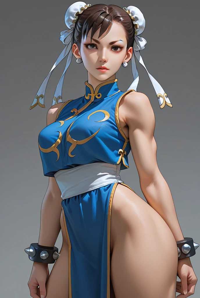 cowboy shot of chun-li, bare shoulders, pelvic curtain,  toned, athletic, simple background