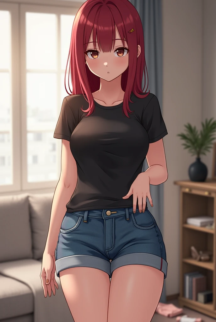 ((High Quality image 10k)) (( perfect autonomy)) Masterpiece, solo girl, brown eyes, red hair, wearing sleeveless black shirt, naked Bottom, pussy focus, pussy juice coming From pussy, sexy legs, evil smug grin, barefoot, Standing, in the park
