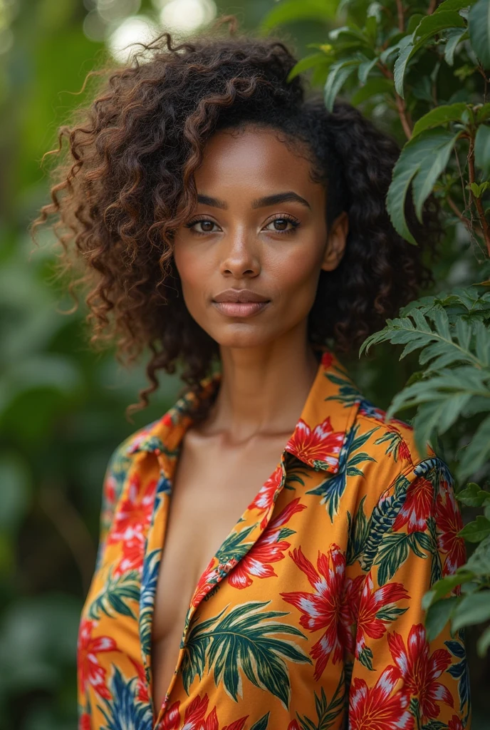 A Brazilian woman in a lush tropical garden, wearing an open shirt with a floral print, with a close-up capturing the harmonious beauty between her breasts and the natural flowers, showing off your natural charm and outgoing personality.