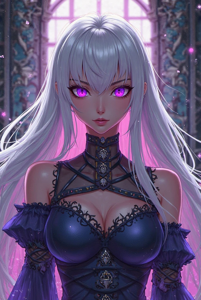 masterpiece, best quality, ultra high resolution, 1 dark skinned African girl, (fractal art: 1.3), long white hair, blue eyes, beautiful eyes, detailed eyes, glowing eyes, deep shadow, dark theme, fully dressed, necklace, abandoned,