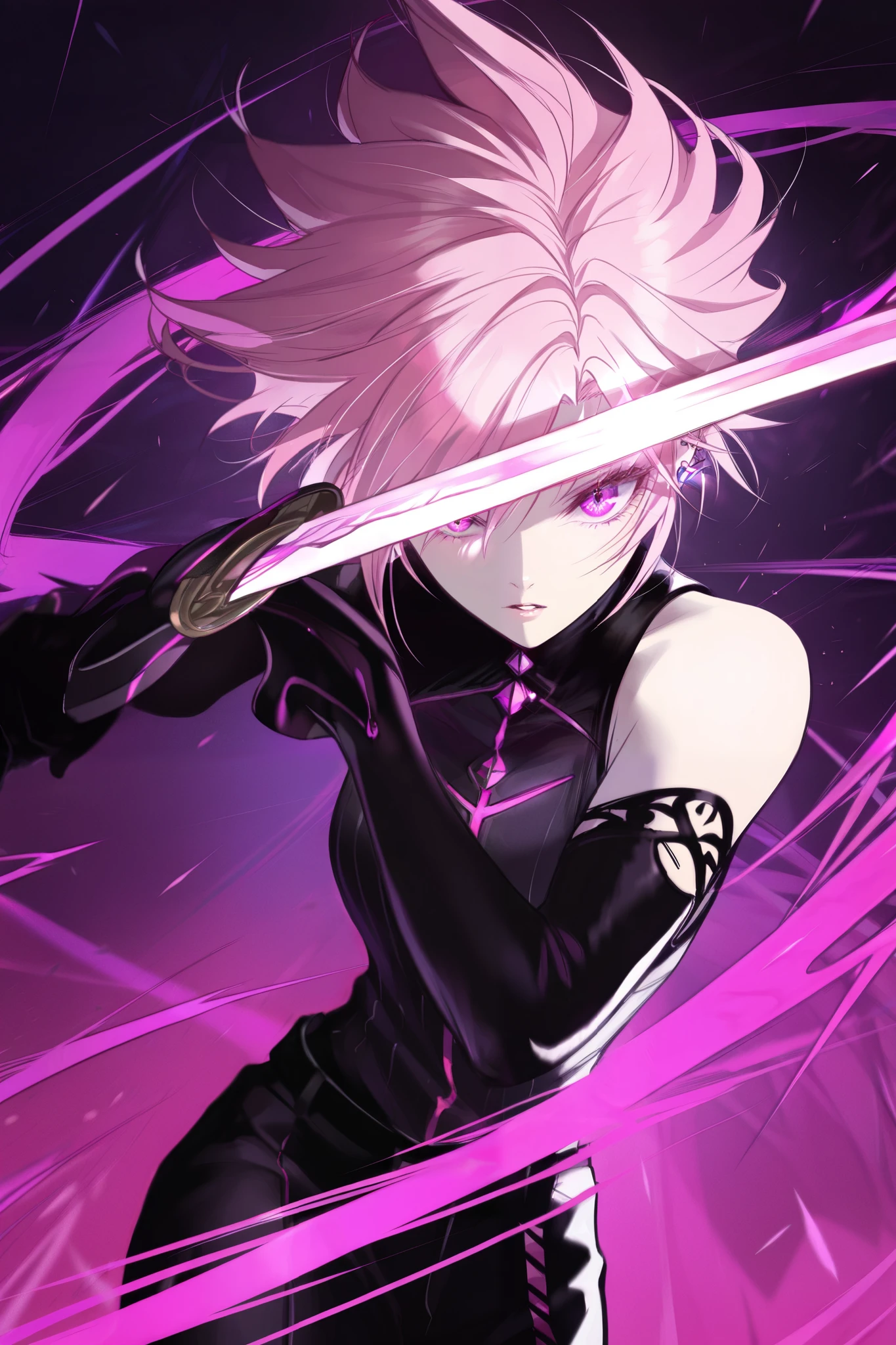 masterpiece, best quality, amazing quality, newest, very aesthetic, 1girl,Image is a vibrant digital illustration in an anime style, featuring a dynamic and intense composition. The subject is a character with light pink hair, styled in a wild and flowing manner, contrasting sharply against a vivid magenta background. The character's eyes are wide and expressive, with a piercing gaze that conveys a sense of intensity or determination. The skin tone is pale, and the character is depicted in a mid-action pose, holding a sword above their head. The artwork is characterized by bold, energetic brushstrokes and a high contrast between light and shadow, enhancing the dramatic effect. The overall color palette is dominated by shades of pink and purple, contributing to the striking and emotive atmosphere of the piece.