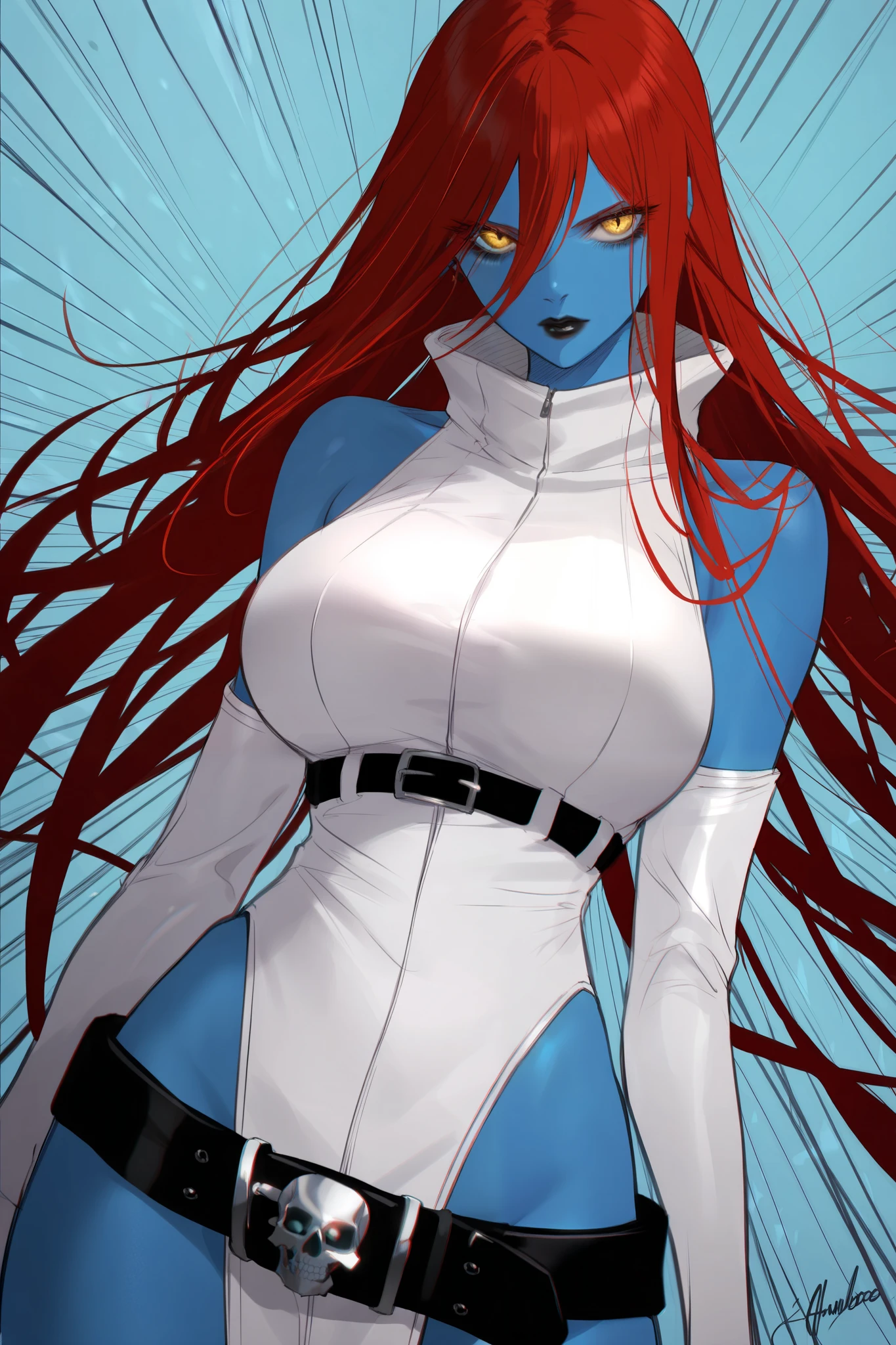 ((masterpiece)), ((detailed, high quality)), girl, cute face:1.2, red hair, super straight hair, soft pink eyes, blue skin, white cute dress, skull belt, bedroom, Pantyhose white sexy,
