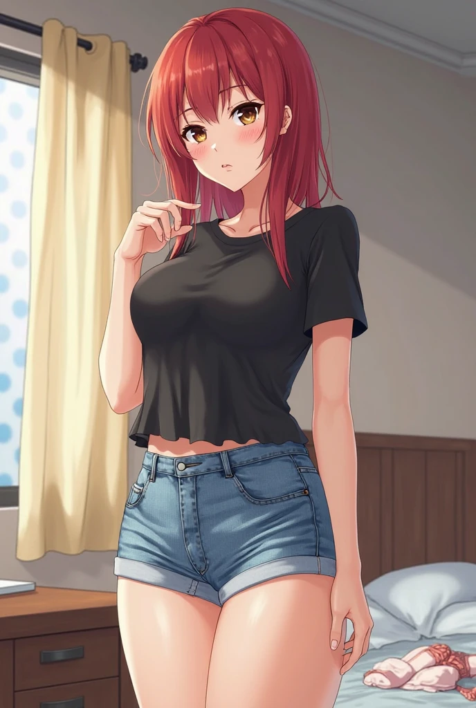 masutepiece, Best Quality, 1girl in, (karen),Red color hair, (red eyes:1.2),((Knitted tops))、((Denim miniskirt))、((embarassed expression))、((Bedroom))、((Spread your legs apart))、((pantyhose))、((short-hair))、((Photo from below))