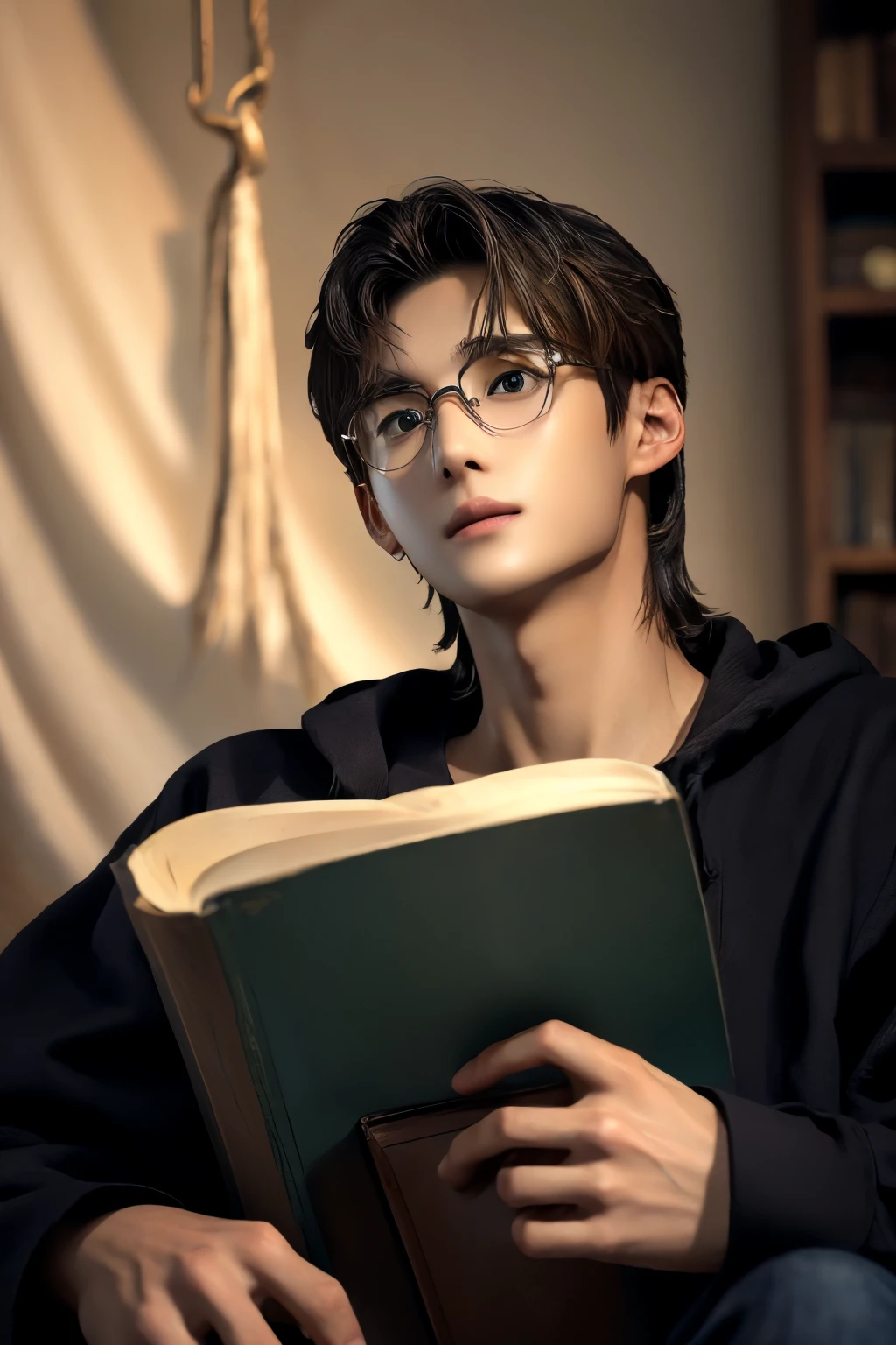 dark brown hair and big dark brown eyes((Brown eyes with a strong hanging angle))healthy tan and smooth skin((精密細密なplain glasses))A 30-year-old man is an advanced wizard(smooth skin thin chin and cheeks)read a very large magic book(Dark brown dyed hair)A magical room with neon-glowing magic squares and magic tools、read a very large magic book((Relaxed fantasy outfits))Precise, detailed, large brown eyes(The 30-year-old man is closing his mouth)