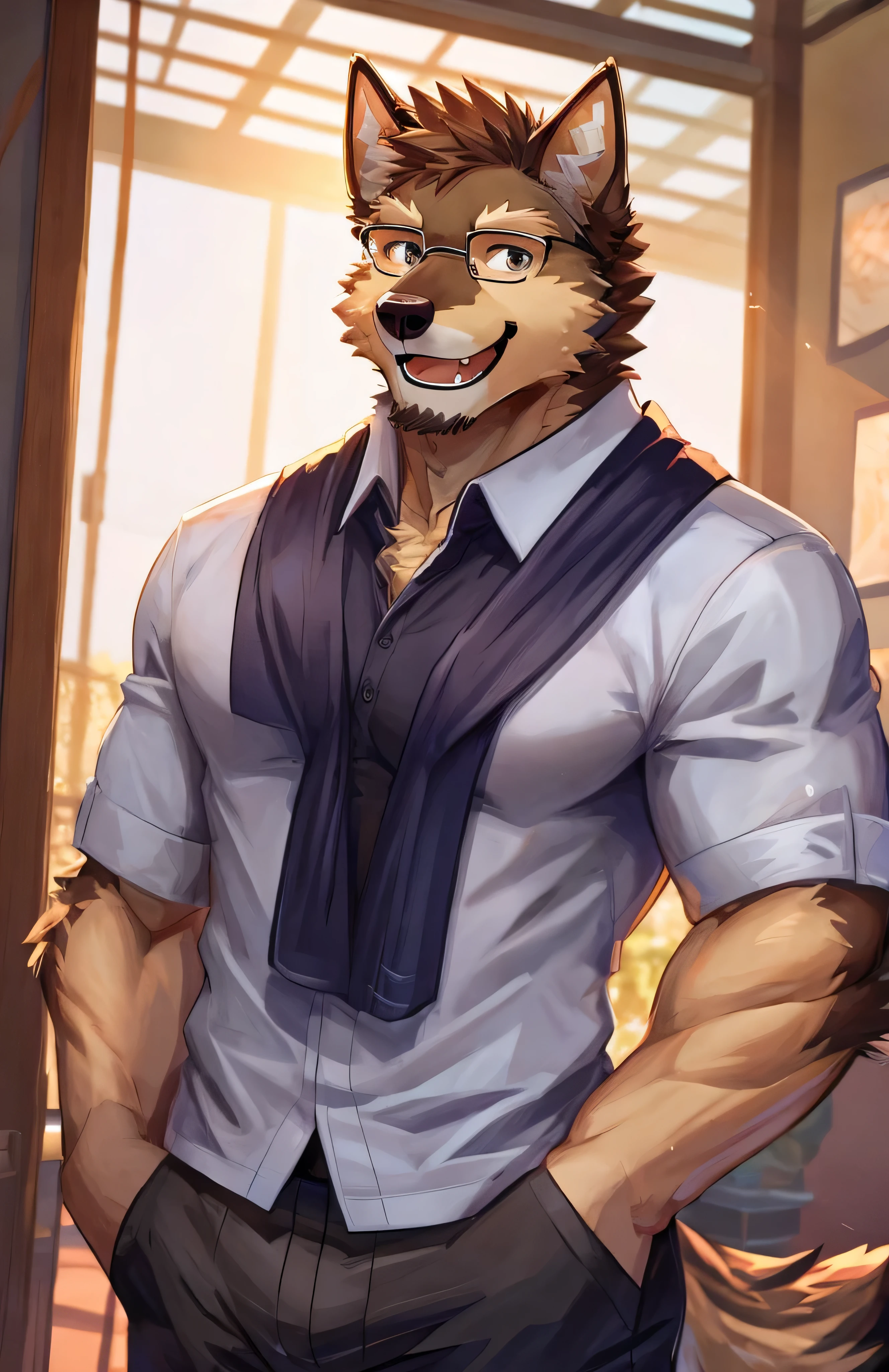 solo, pubraseer, German sheperd, muscular body, handsome, Smiling, mouth open, holding glassess, cool pose, casual shirt, casual pants.