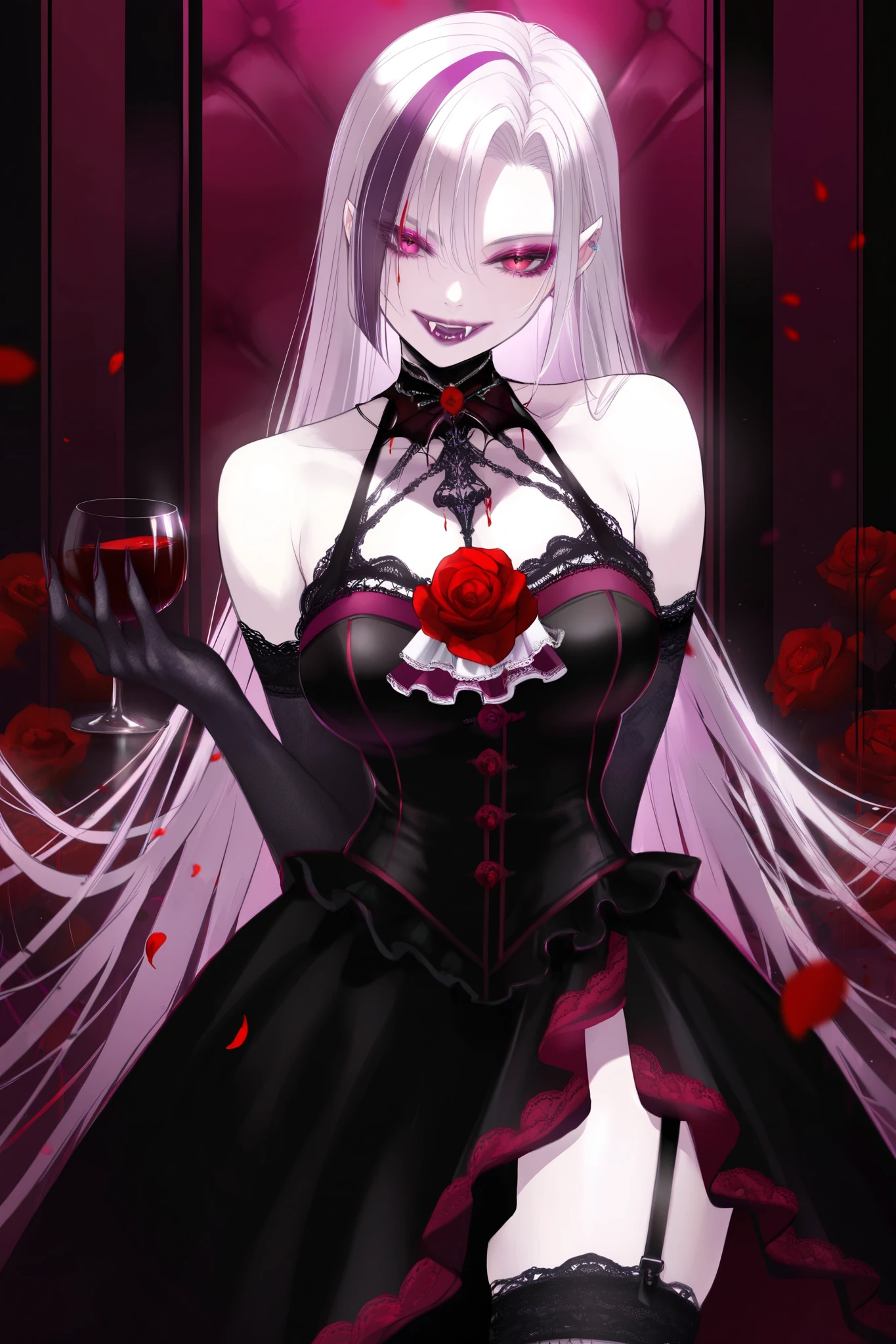 masterpiece, best quality, amazing quality, newest, very aesthetic, 1girl,A regal yet cruel vampire with porcelain skin, sharp fangs, and a wicked grin. Classic gothic ballgown, black lace gloves. Makeup: dark purple eyeshadow, wine-stained lips. Hair: long pink with white streaks. Pose: one arm behind her back, the other holding a wine glass. Moonlit castle hall, blood-red rose petals floating