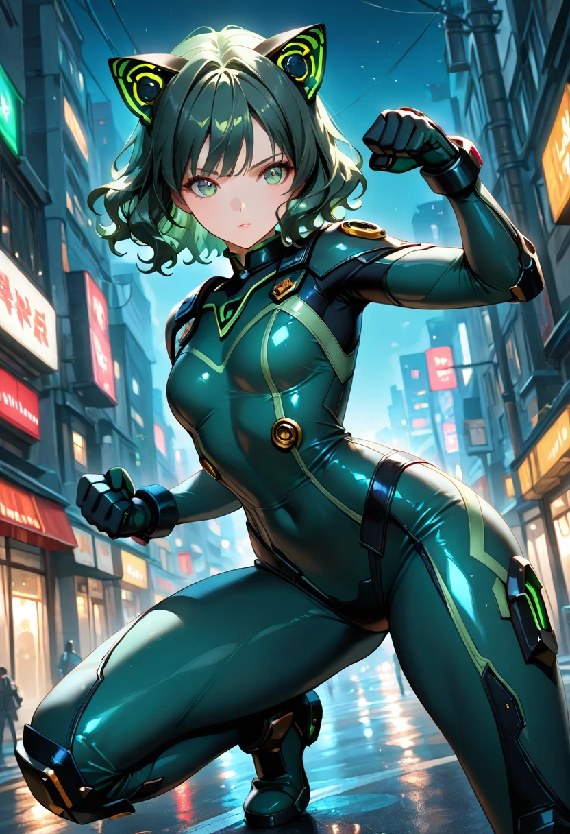 1girl, short black hair, green eyes, wearing skin tight suit, black shorts, city, absurdres, high res, ultrasharp, 8K, masterpiece, looking at viewer, wearing black mask
