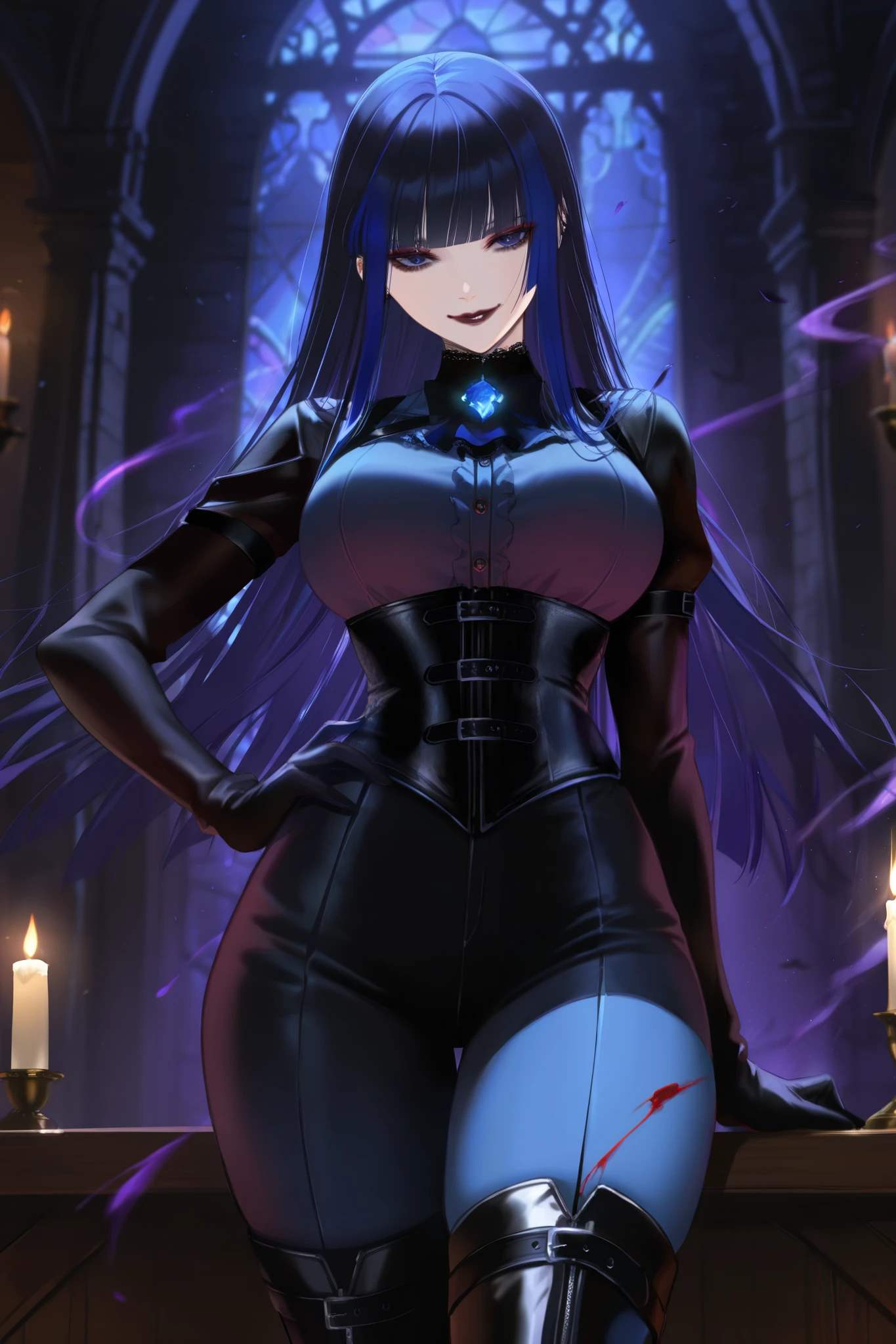 masterpiece, best quality, amazing quality, newest, very aesthetic, 1girl,A mysterious anime enchantress in a black leather corset and thigh-high boots, pale face with a cruel smile. Goth makeup: dark eyeshadow, blood-red lips. Hair: long dark blue with violet tips. Pose: one hand on hip, the other strumming a shadowy guitar. Fantasy tavern setting, dim candlelight, magic runes swirling around her