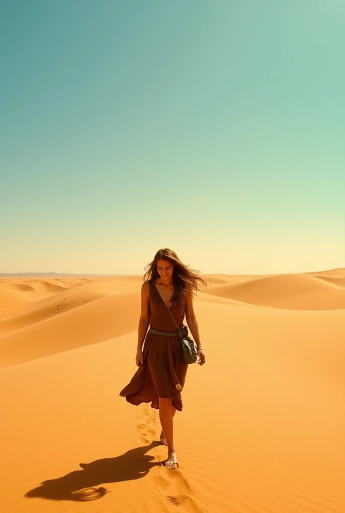 alone in the universe, in watercolor style, Photorealism, discreet golden and ruby and mint shades, (nude) gentle modest thin girl 16 years old (with a very beautiful exquisite face) southern type with short dark hair with beautiful breasts with tender nipples (barefoot) in a long orange skirt walking in the distance (Across the desert) with a clay jug in hand, stunted little plants, drought, precious jewelry on the neck and chest and on the wrists, precious bracelets, ankle bracelets