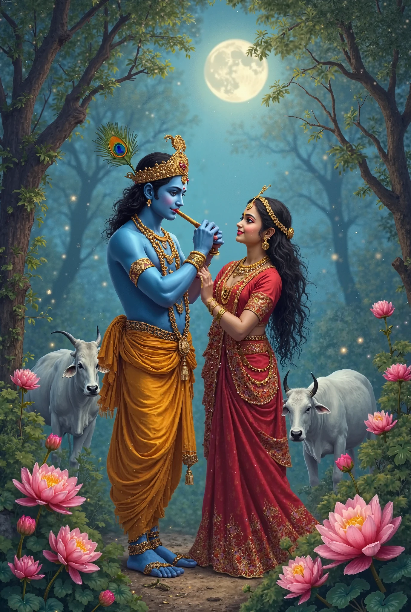 Lord krishna and radha with cows in the night of pouring rain of Janmasthami