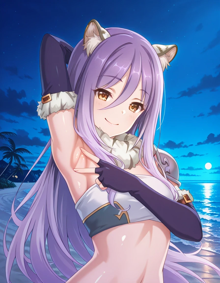 shiori, game screencap, long hair, hair between eyes, multicolored hair, purple hair, light purple hair, yellow eyes, tiger ears, scarf, tube top, single shoulder pad, fur trim, elbow gloves, fingerless gloves, shiny skin, high quality, solo, upper body, (contrapposto), v, spread armpit, presenting armpit, hand behind head, closed mouth, night sky, beach, looking at viewer, smile, best quality