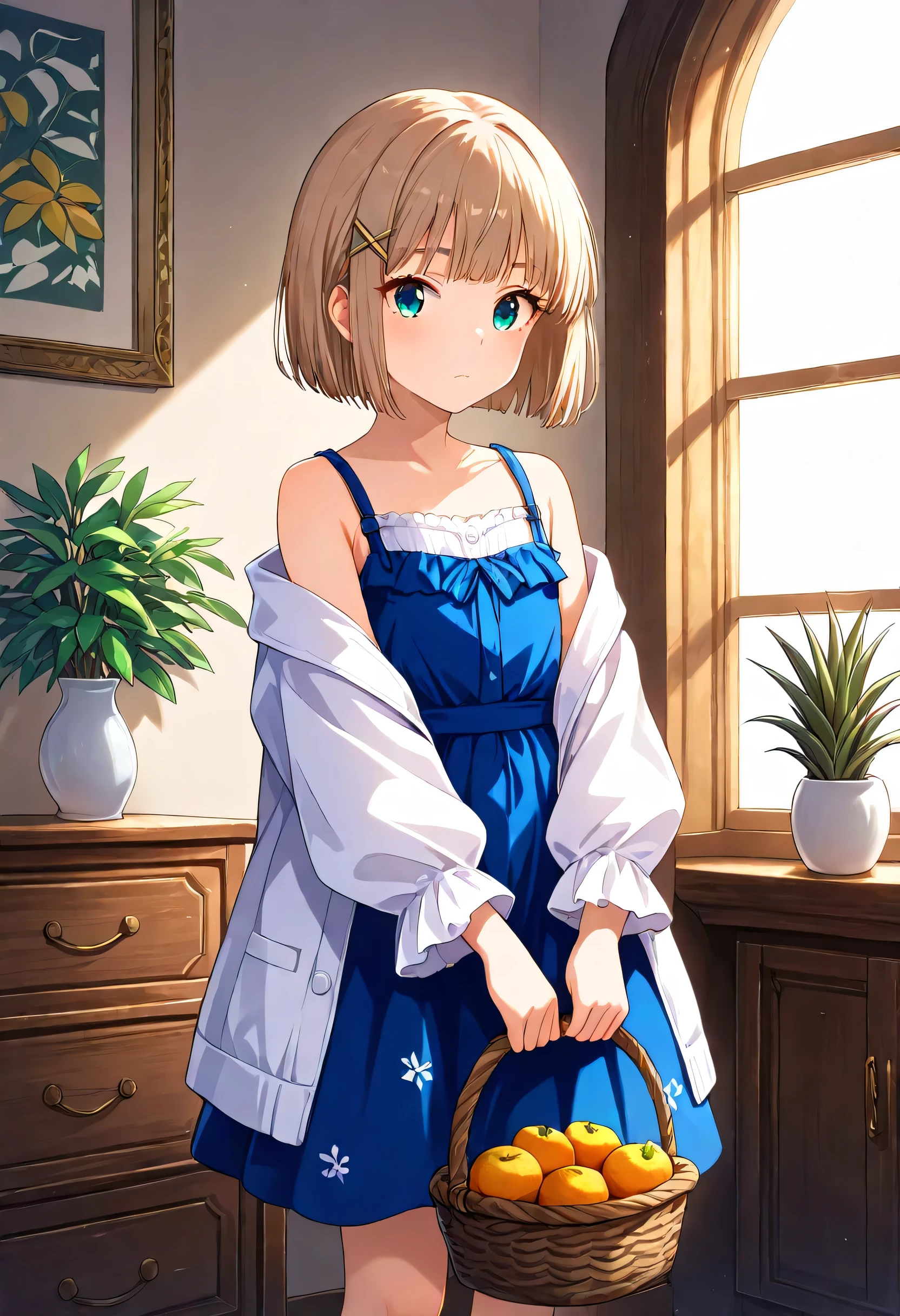masterpiece, Highest quality, Absard dress, very aesthetic, general, 1 girl, solo, hair ornament, viewers, indoor, short hair, holding, hair clips, blue eyes, window, , Bare Shoulder, bungs, plant, closed mouth, basket, long sleeve, clavicle, Off Shoulder, potted plant, white shirt, fruit, holding basket, Gold, open air, day, suspenders, Flat chest, blunt bungs, lips, upper body, sleeveless, puffy long sleeve, day光, suspendersスカート, frills, is standing, drawer, orange \(fruit\), puff sleeves, vase, Aqua Eyes, Wide Sleeve, sleeveless dress, open jacket, ruffle sleeve, eyebrows visible through the hair, blue skirt, apple, cowboy shooting, overalls, jacket, bob cut, light brown hair holding a model car, tables, high waist skirt, white jacket, white dress, full body, Beautiful Legs, thigh, no expression, platinum Gold, eyelashes, cupboard , blouse, open shirt, hairpin, chest of drawers, dish, button, sleeveless shirt, spaghetti strap, blue dress, eyebrows behind hair, from the side, Pineapple Dress, white blouse, Backlight, x hair ornament, side lock,