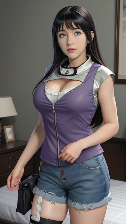 Masterpiece, highres, high Quality, detailed face, detailed body render, 1girl, solo, hyuuga hinata, hinata-sleeveless-outfit, large breasts, big breast, sleeveless shirt, fishnet top, dark lips, unzipped jacket, no bra, breasts out, nipple, standing, blushes, (on bedroom)