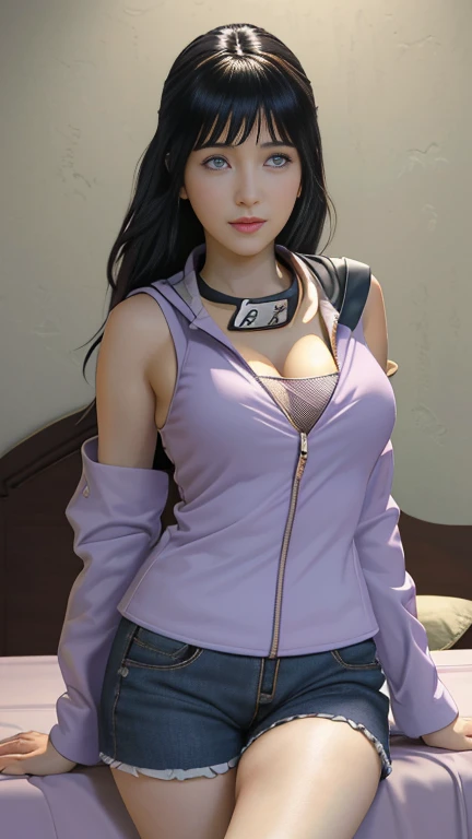 Masterpiece, highest quality, high resolution, detail maniac, high definition, high quality, detailed face, detailed body limbs, detailed detail fingers, 1girl, solo, Hinata Hinata, Hinata sleeveless clothing, bed, sleeveless shirt, fishnet garment, dark lips, unzipped jacket, no bra, no panties, exposed breasts, blushing, white light stockings, transparent clothes, exposed pubic hair, camel fingers,