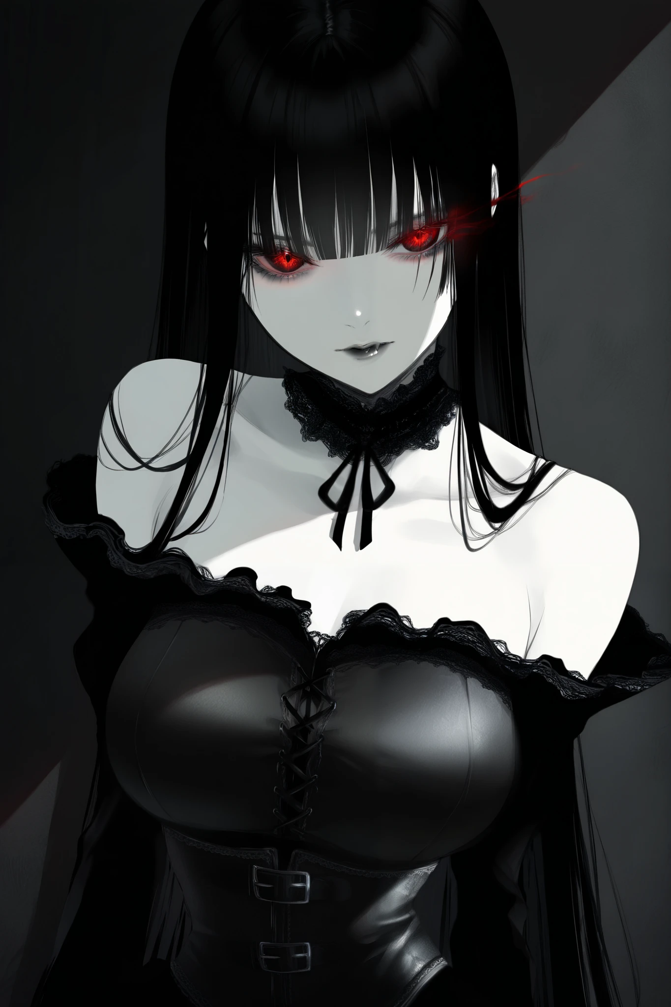 masterpiece, best quality, amazing quality, newest, very aesthetic, 1girl,Image is a dark, gothic-style illustration featuring a female character with a sinister expression. She has long, straight black hair and pale skin, with exaggerated, sharp facial features including prominent fangs and glowing eyes. Her attire is a form-fitting, off-the-shoulder dress with a corset-like design, emphasizing her neckline and shoulders. The background is textured and muted, enhancing the eerie and ominous atmosphere of the image. The overall color palette is dark, with shades of black, gray, and subtle hints of red, contributing to the menacing and mysterious tone of the artwork.