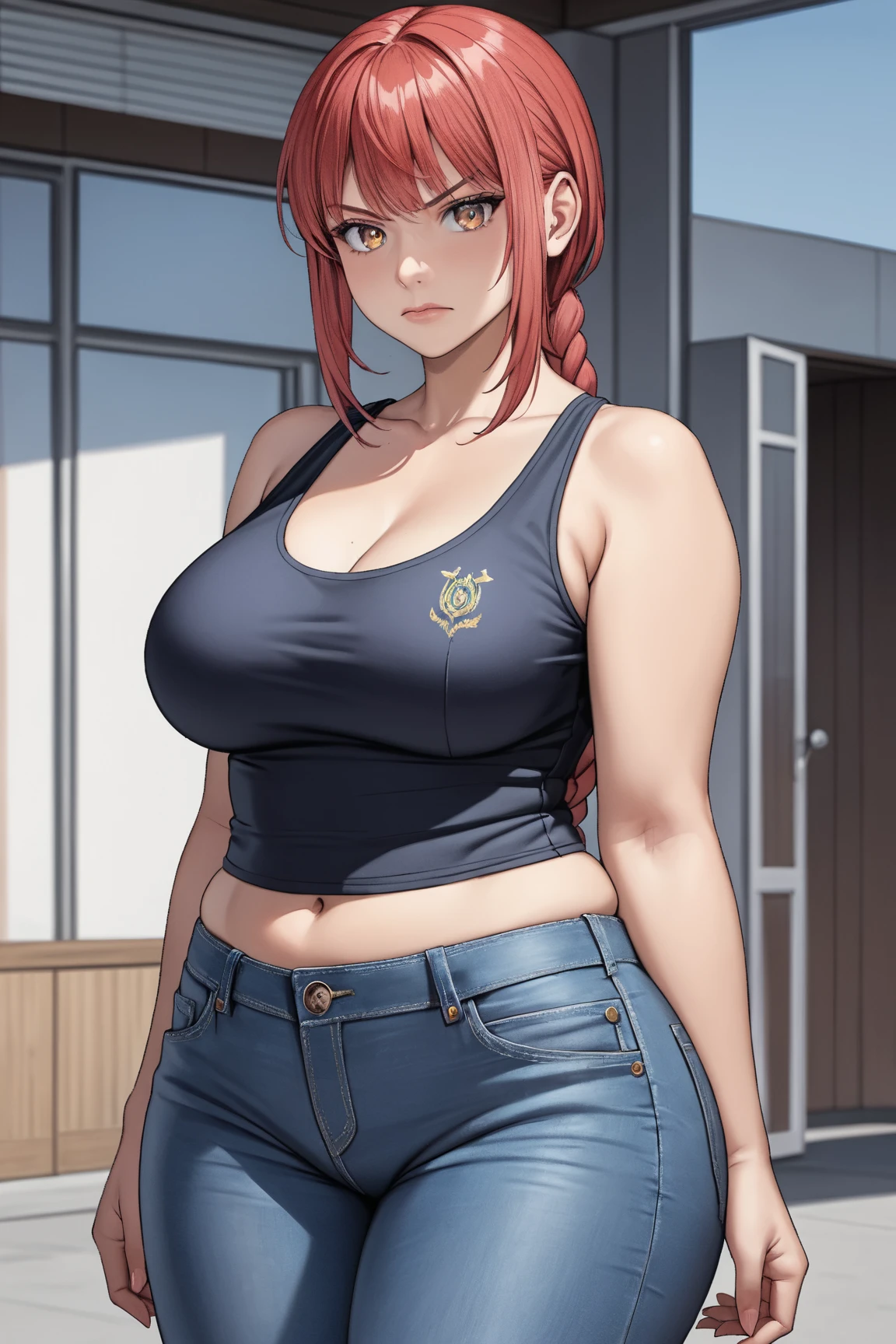 blue shortpants, long orange hair, black tank, chubby, chubby belly, girl, full body, park, big breasts, fat tight