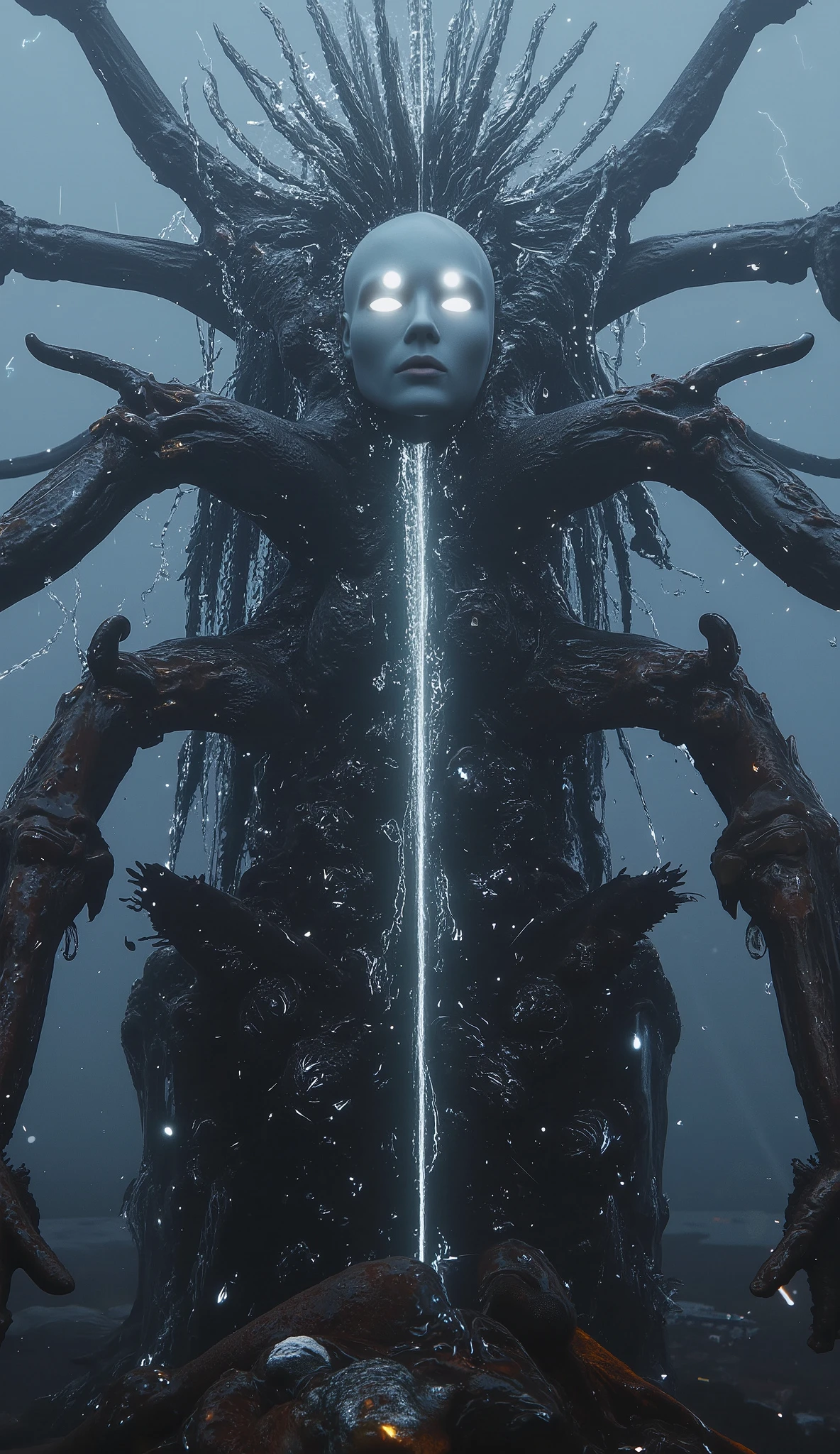 **"The Aquarius Titan emerges from the ruins of a drowned metropolis, a towering androgynous deity of flowing water and shattered glass. Its body appears sculpted from liquid crystal, constantly shifting between solid and liquid states, with fragments of drowned civilization suspended within its translucent form. A crown of broken pipes and rusted faucets circles its head, from which an endless cascade of black water pours down its back like a funeral veil. Its face is featureless save for three glowing, pupil-less eyes arranged vertically, pulsing with an eerie bioluminescent glow.
Twelve segmented arms extend from its back, each ending in different aquatic forms - some like grasping coral claws, others as whipping eel tails, and several as perfectly sculpted human hands holding drowning victims in frozen screams. The Titan's lower body dissolves into a churning maelstrom of debris and dark water, floating above the flooded ruins as it moves forward with terrible grace.
Cinematic low-angle shot captures the Titan silhouetted against a storm-wracked sky, lightning reflecting off its crystalline form to reveal the screaming faces trapped within. Hyper-detailed textures show rusted metal implants fused with the liquid body, barnacle-encrusted limbs, and the play of light through its semi-transparent skin. The scene blends the apocalyptic scale of 'Neon Genesis Evangelion' with the haunting beauty of Zdzisław Beksiński's paintings, rendered in 8K ultra-HD with photorealistic precision."
**Key Symbolism:**
- **Water and Knowledge:** The Titan embodies both the life-giving and destructive aspects of water
- **Drowned Civilization:** Fragments of buildings and technology visible within its form
- **Androgynous Form:** Representing the sign's universal and inclusive nature
- **Twelve Arms:** Symbolizing the flow of ideas and the passing months
**Visual Inspirations:**
- The eerie fluidity of the T-1000 from Terminator 2
- The scale and presence of t