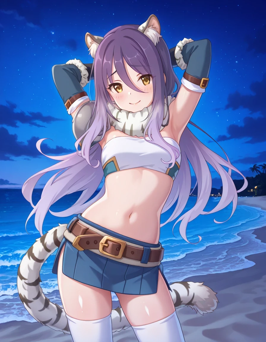 shiori, long hair, hair between eyes, multicolored hair, purple hair, light purple hair, yellow eyes, tiger ears, tiger tail, scarf, tube top, single shoulder pad, fur trim, midriff, elbow gloves, fingerless gloves, brown belt, blue skirt, white thighhighs, shiny skin, solo, night sky, beach, armpits, hands behind head, ((contrapposto)), closed mouth, cowboy shot, looking at viewer, shy smile, best quality