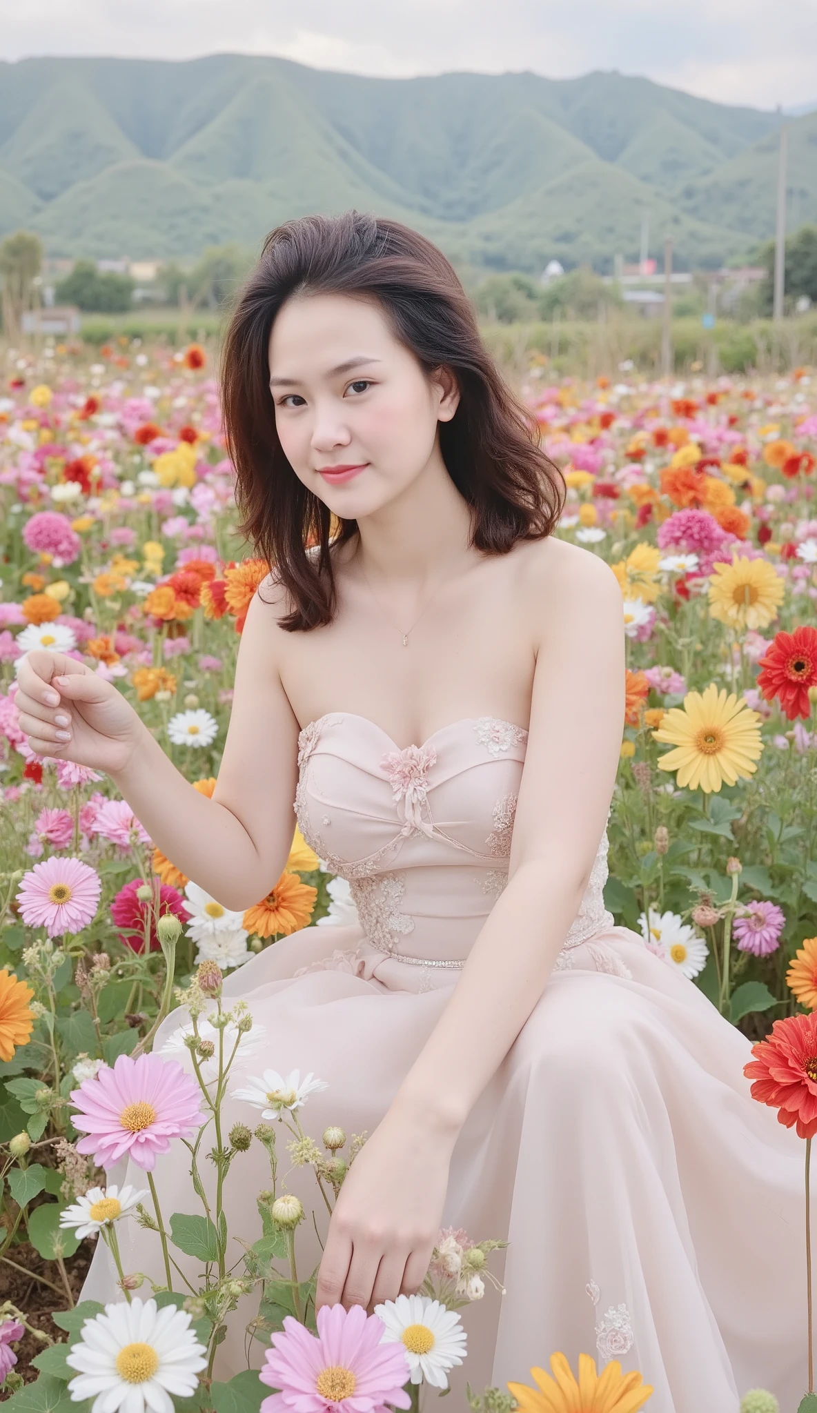 This photo shows a young, beautiful woman standing in the middle of a field of bright flowers. She is wearing a princess-style evening gown, with a tight bodice, gentle floral patterns and a wide, flared skirt in pastel pink. The chiffon fabric creates a soft, airy feeling.
Her face has a gentle expression, her naturally curly hair falls to her shoulders. She leans slightly, one hand touching the flowers in front of her, creating a very feminine pose. Her eyes sparkle with relaxation, enjoying the surrounding space.
The surrounding scene is a vast field of flowers with countless colorful flowers: pink, red, yellow, orange. The flowers in the front are light pink, mixed with a few white and yellow flowers. Further away are clusters of bright red and yellow flowers. Behind are smooth green hills, creating depth for the photo.
The photo was taken with RAW camera quality, the highest resolution 8K, the details are extremely sharp. Each petal, each thread of fabric on the dress, and even the soft curls of the girl's hair are clearly visible. The soft natural light highlights the facial features and creates a soft bokeh effect in the background. The color scheme of the photo is a harmonious blend of pink, green, and yellow, creating an enchanting fairytale scene.