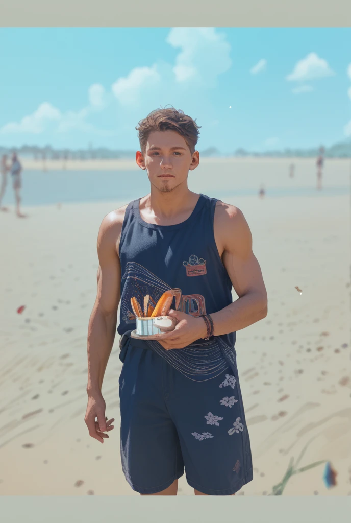16 year old teenage boy eating a sandwich on the beach, Badehose , Italiener, thin , Bauchmuskeln