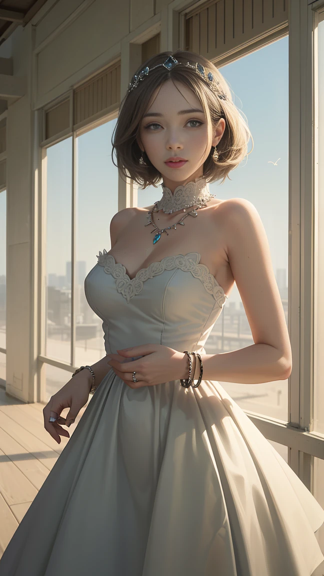 ((Highest quality, 8k, masterpiece :1.3)), (Sharp focus :1.2, Beautiful woman with perfect figure :1.4, Slim Abs :1.2), ((Big Breasts, Emphasize cleavage:1.3)), (Photorealistic:1.4), (realistic:1.4), (Short Bob Hair, Light brown hair:1.5), Highly detailed face and skin texture, Fine grain, double eyelid. Makeup face, A little bit of lipstick, sex appeal, Sexy gravure pose, ((A beautiful woman in a tight white dress、Posing with her legs crossed and her breasts accentuated at a luxurious party venue。Silver earrings sparkle on your ears。:1.3))