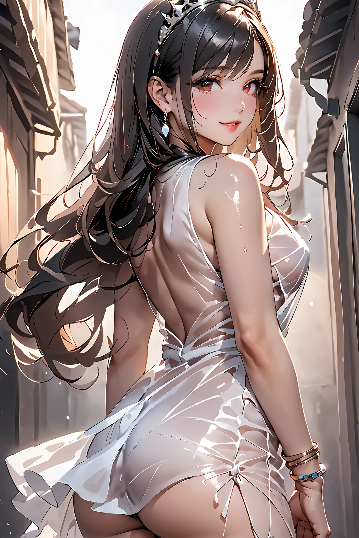 a woman in a white tight dress with long hair touching her backside, 1girl, solo, breasts, long hair, dress, black hair, looking at viewer, armpits, white dress, sharp focus, perfect hands, perfect face, perfect eyes, perfect light, dynamic light, natural light, masterpiece, best quality, very aesthetic, absurdres, newest, ai-generated, intricate