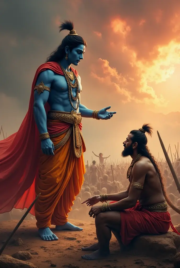 Lord krishna standing alongwith Arjun in battlefield and lecturing him , both are sitting on a chariot, both are of same height,krishna pointing his hands towards battle, both looking in same direction towards the battlefield, dynamic lighting, mythology imagination 