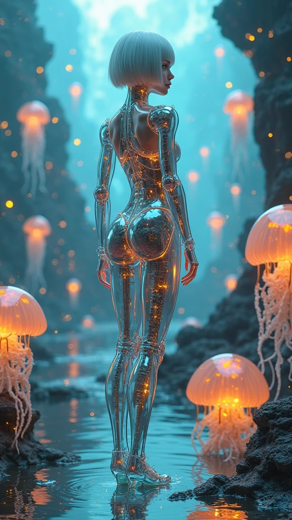(masterpiece, highest quality), Very detailed, ((Dark Mercury Oceanから生まれ出る光り輝く女性、whole body、My feet are immersed in a sea of mercury))、Small breasts, Expose your shoulders, short hair, Opal Sparkle Feather, metal ornaments, Rainbow colored water droplets, (Mercury particles), (Mercury Vortex), Particles of light, (Fractal Art: 1.2), (Glass gloss gradation: 1.1) Flowers, (Dynamic pose), (Abstract background: 1.3) , (Shiny skin), (Mercury Droplets)、((Dark Mercury Ocean)), ((Blank background))、((A gradient background with white on top and black on the bottom))、