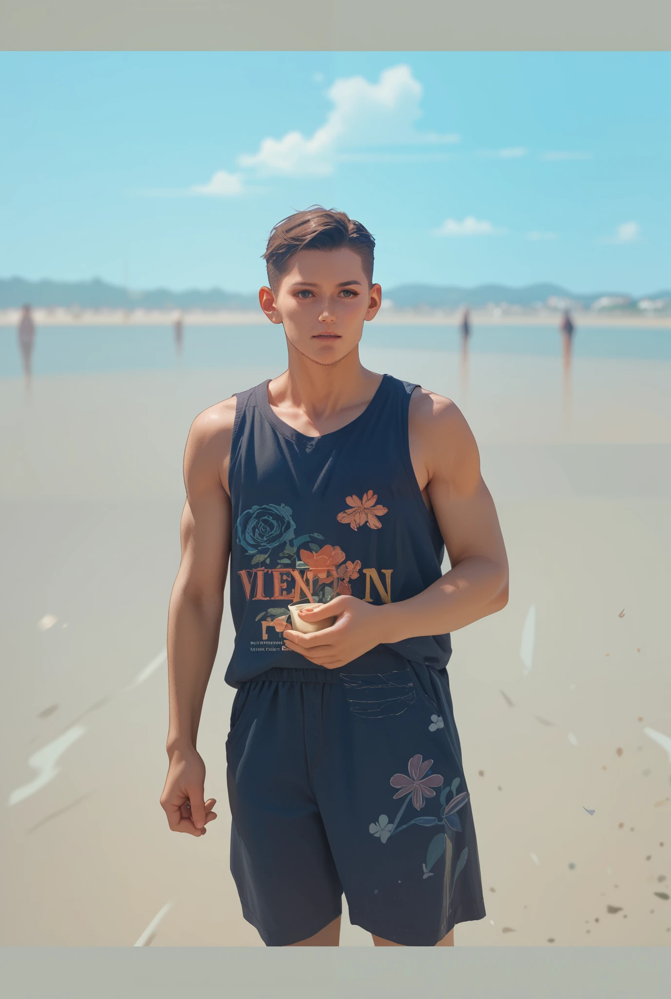 (best quality), 1boy, Male, 27 years old, young man, honey toned skin, short hair, dirty blonde hair, messy hair, messy bangs, green eyes, perfect eyes, hawaii shirt, male swimwear, beach, clear face, nerd, strong jawline, lanky, tired expression, dark circles under eyes, masterpiece, anatomically correct, highres