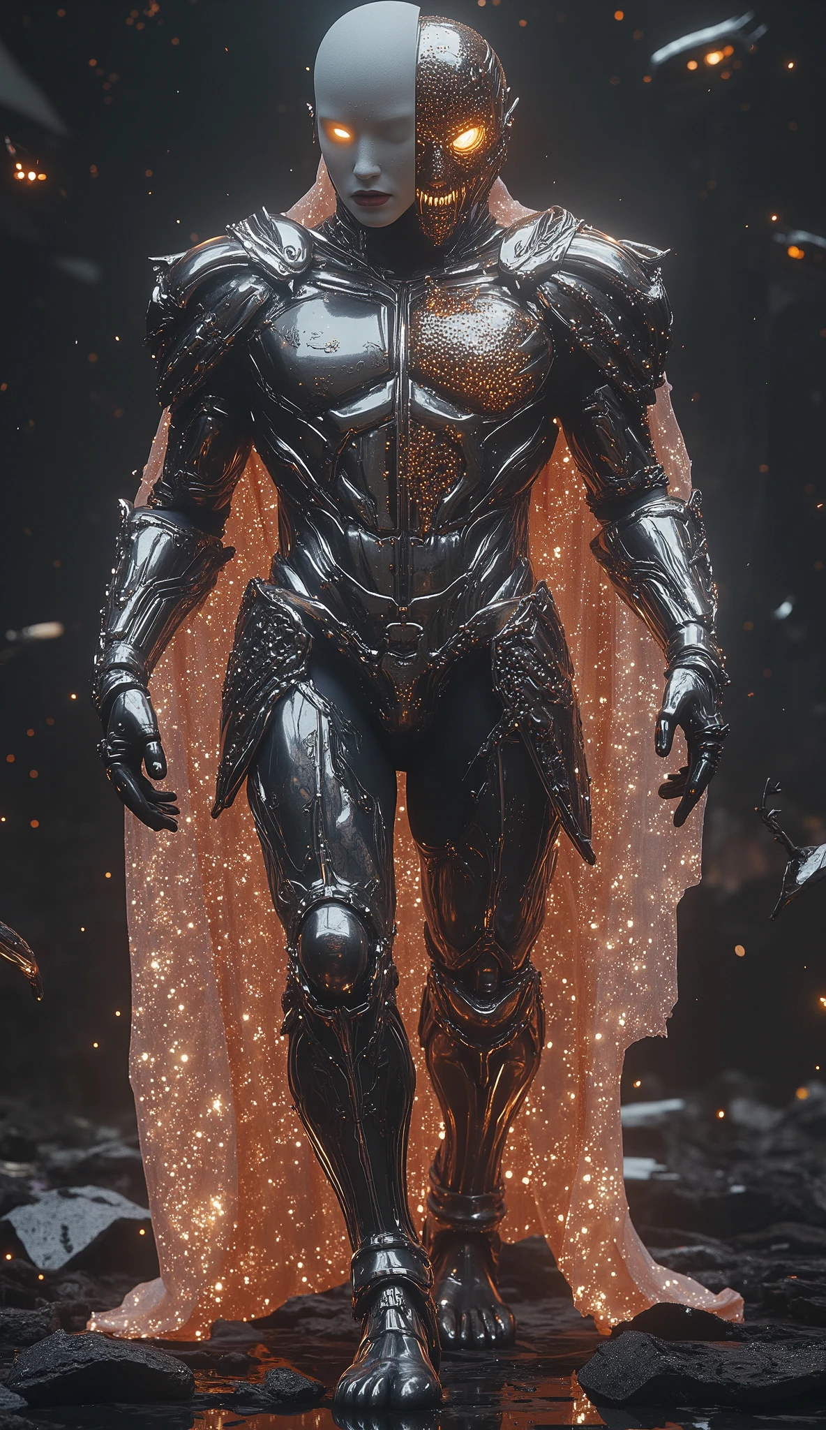**"The Gemini Titan, a towering androgynous entity of duality, strides across a shattered astral plane—its two faces locked in eternal contradiction. The left side, a serene marble mask cracked with glowing veins, whispers forgotten prophecies; the right, a snarling metallic visage with hollow eyes that bleed shadow, roars silent defiance. Their conjoined body is armored in interlocking celestial plates, etched with constellations that shift like living ink. A tattered cloak of stardust billows behind them, dissolving into moths and sparks. Each step fractures the ground into mirror-like shards, reflecting infinite fractured versions of themselves. Cinematic low-angle shot, dramatic chiaroscuro lighting from a dying binary star above, hyper-detailed textures (weathered metal, cracked stone, ephemeral fabric), dark fantasy grandeur. Composition echoes a blend of Zdzisław Beksiński’s surreal horror and the scale of ‘Shadow of the Colossus,’ rendered in 8K ultra-HD with photorealistic precision."**
### **Key Details:**
- **Dual Faces:** One calm/one feral, embodying Gemini’s paradox.
- **Armor & Cloak:** Constellations move across their body; cloak decays into cosmic particles.
- **Environment:** Cracked mirrors and floating debris emphasize fractured identity.
- **Lighting:** Harsh contrasts from a collapsing twin-star system.
- **Artistic Nods:** Beksiński’s eerie depth + SotC’s monumental scale.
Want more intensity? More surreal distortions? Adjust as needed!