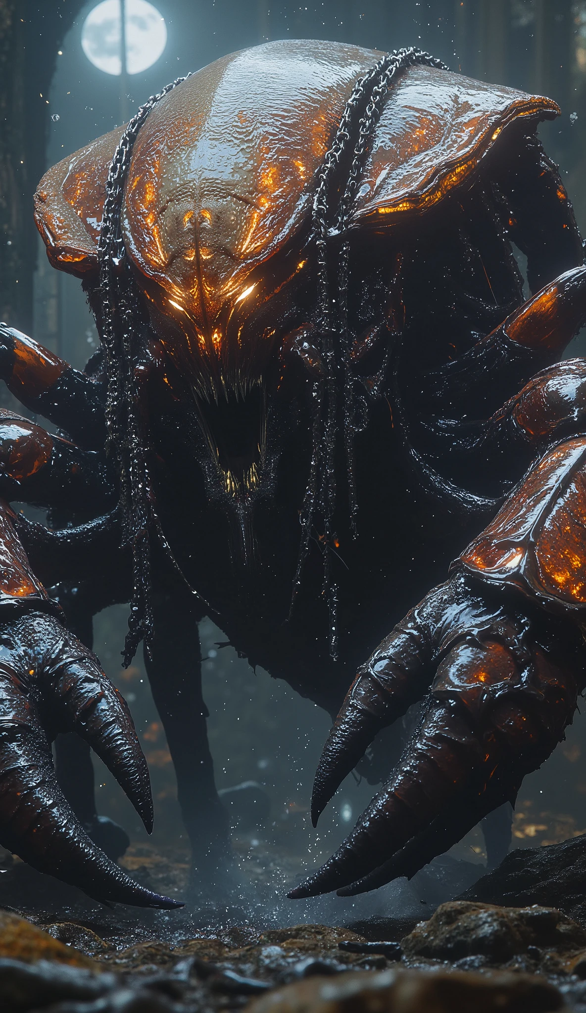 **"The Cancer Titan, a nightmarish fusion of crustacean and warlord, lumbers through the ruins of a drowned cathedral—its armored shell a fortress of jagged chitin plates, each etched with the screams of drowned souls. Its face is a grotesque mask of half-human anguish, with milky eyes that weep brine, and a mouth of grinding, needle-like teeth. Twin colossal claws, one a serrated guillotine-blade, the other a crushing vice of blackened coral, twitch with predatory hunger. Barnacles and rusted chains encrust its body, dragging behind it like a burial shroud. The air reeks of salt and decay as it steps forward, the ground cracking under its weight, releasing geysers of spectral seawater. Cinematic Dutch-angle shot, moonlight fractured through the cathedral’s broken stained glass, casting prismatic horrors across its shell. Hyper-detailed textures (glistening wet carapace, corroded metal, rotting kelp), dark fantasy at its most visceral. 8K ultra-HD, a blend of Junji Ito’s body horror and the cinematic weight of ‘Pan’s Labyrinth.’"**
### **Key Elements:**
- **Shell Armor:** Carved with faces of the damned, pulsing with bioluminescent parasites.
- **Claws:** One for slicing, one for crushing—tools of a sadistic executioner.
- **Environment:** Flooded cathedral ruins, stained glass reflections as twisted as the Titan itself.
- **Lighting:** Cold moonlight vs. the eerie glow of submerged altar-candles.
- **Inspirations:** Junji Ito’s organic dread + Del Toro’s gothic fairy-tale aesthetic.
Need more grotesque details? A deeper mood shift? Let me know.