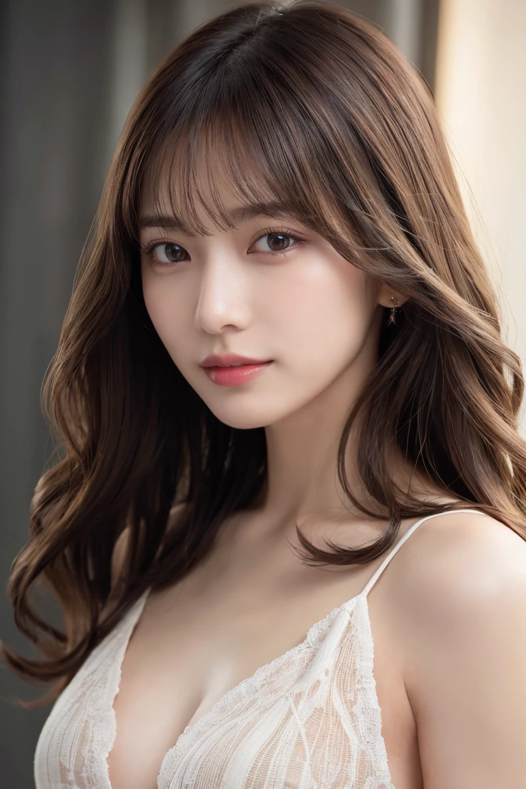 best quality, 1 beautiful woman, 28 years old, 35mm lens,, cowboy shot, Specific background、Mortar style background、Open neck knit、light brown、Mortar wall,from below、straight hair、straight hair、shiny hair,soft hair、slim body
