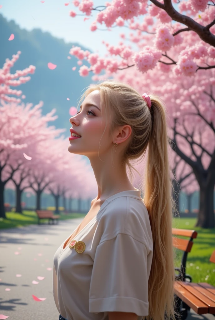 A beautiful girl with a greige ponytail and white ash comma hair, short.