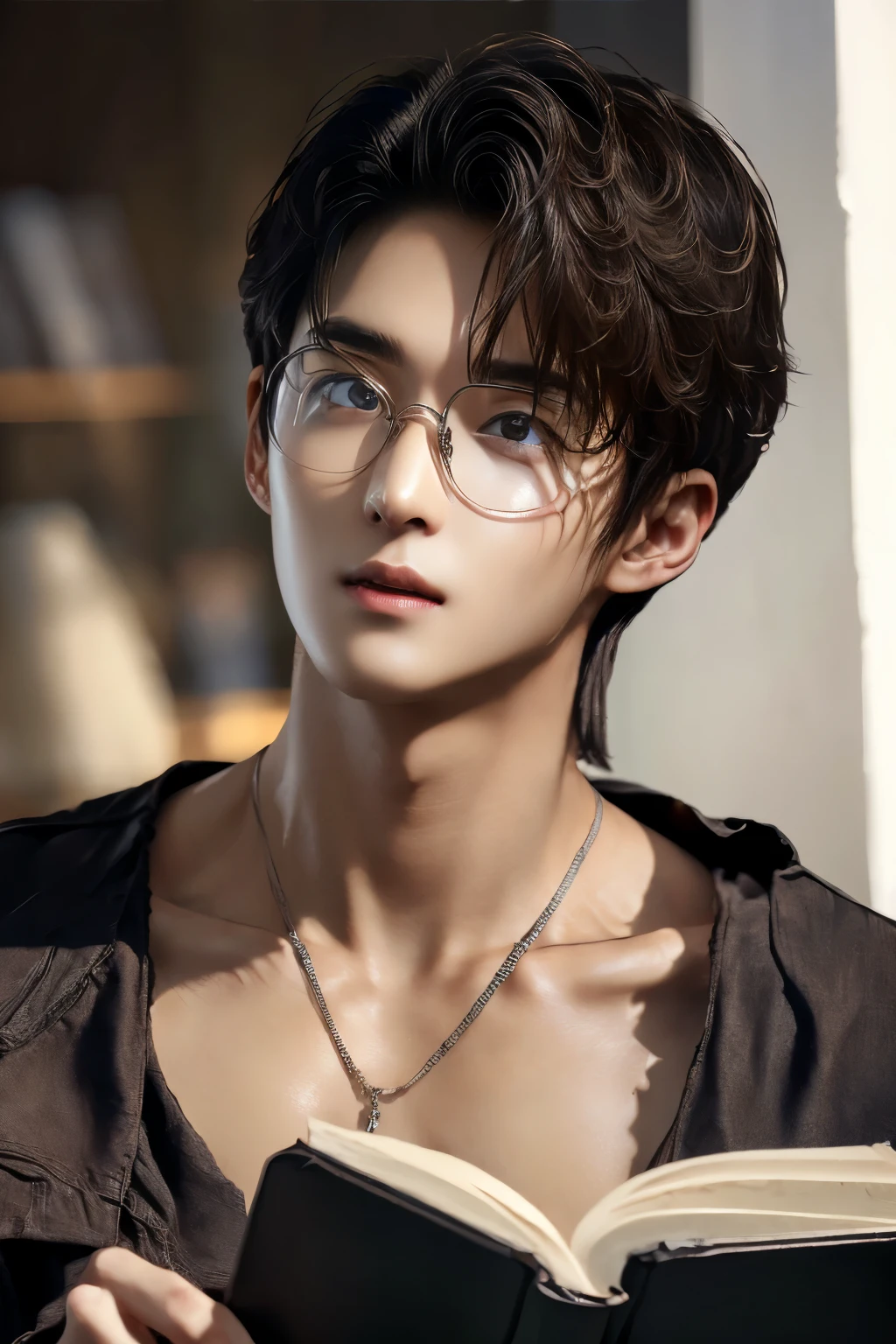 ((Brown eyes with a strong hanging angle))The 30-year-old man is closing his mouth((精密細密なplain glasses)Read a very large and detailed spellbook((fantasy costume))Precise Finger