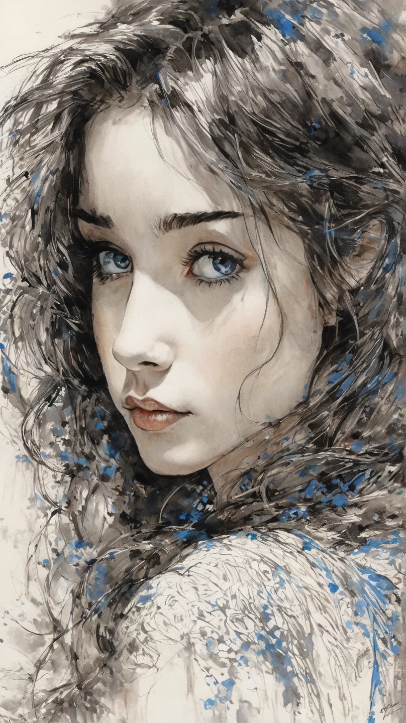 watercolour, Anime style, Reality, a painting, Fantastic tale, Christmas style, John Tolkien style, Small painting by Jean-Baptiste Monge, Hyperrealist portrait of female, proud face, beautiful harmonious face, phoenix eyes, blue, black eyes, very detailed faces