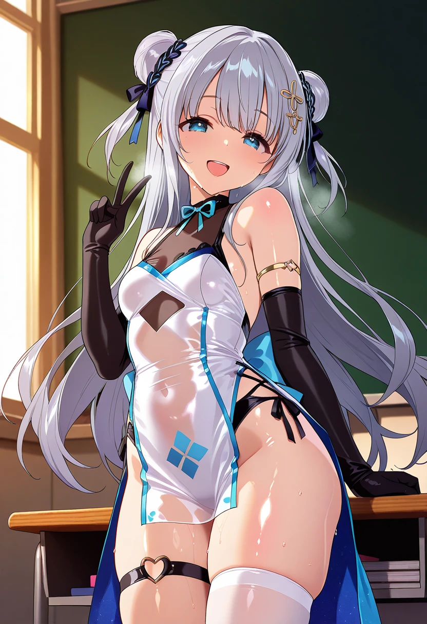 a cute girl in sexy thight clothes she is standing, she is smileing, she in the testing room (full body) 