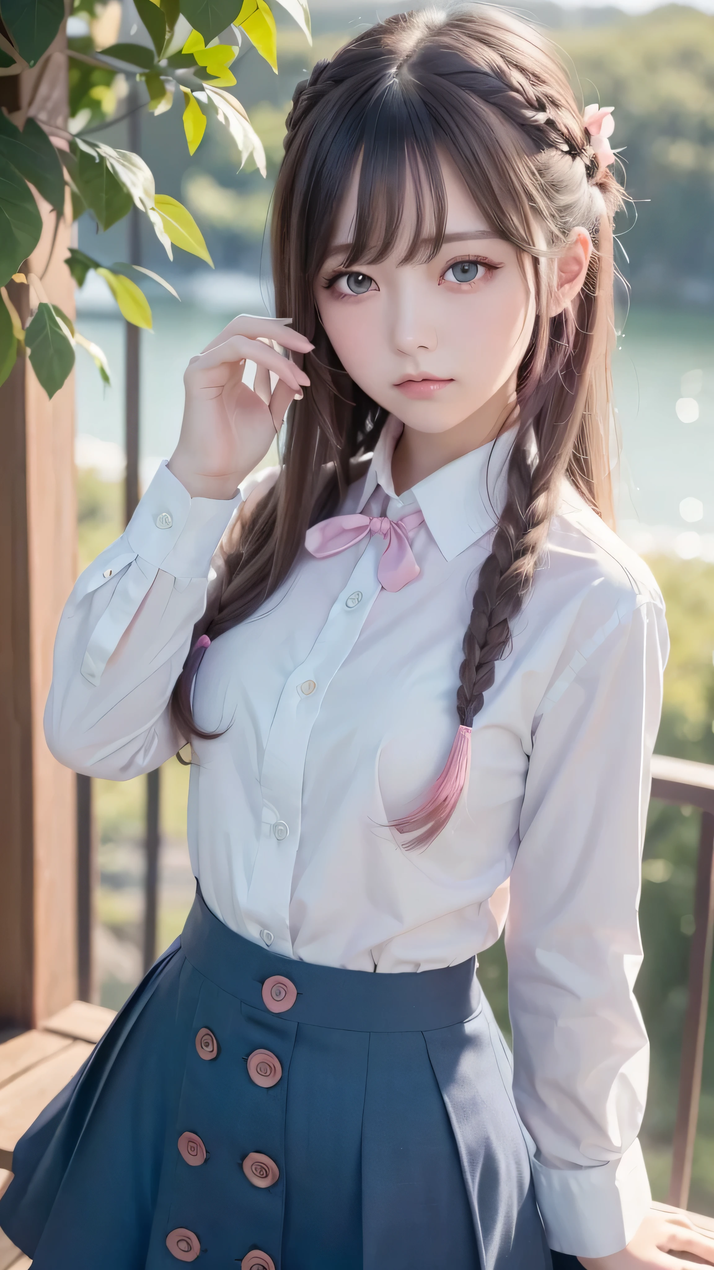 ( details beautiful eyes and details face, masterpiece side light, masterpiece, Top Quality , details, High Resolution Illustration ), ( 1 Girl, Beautiful Girls, look down, Viewer), ( long sky blue hair , pink eye, skirt, ribbon, button down shirt) 45 degrees, view from above , sideways, (Hand details )