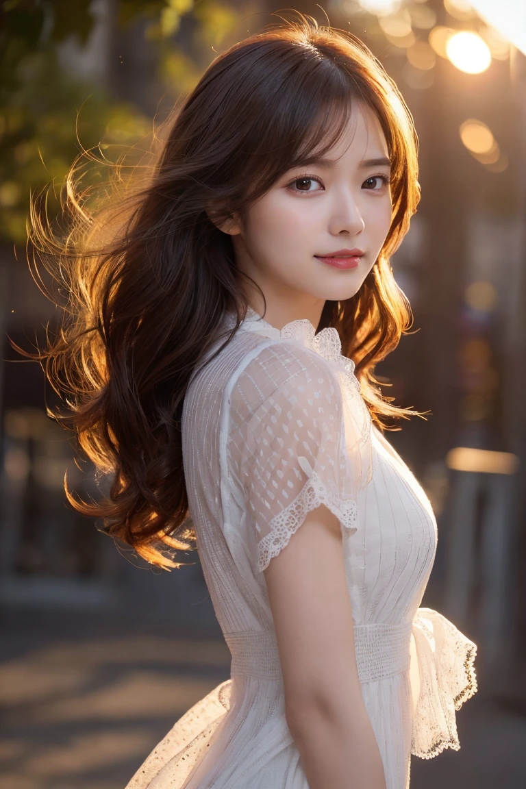 (logo、masterpiece、8k、table top、RAW photo、wonderful、最high quality、Photorealistic and very detailed CG synthesis 8k wallpaper、high quality、very detailed、Narrative poem、particle effects、dynamic effects、written boundary depth、cinematic light、Lens flare、ray tracing)、fantasy、 (1 beautiful woman、dress、White dress、one piece、black haired、beautiful face、real face、beautiful details eyes beautiful skin)、My hair dances in the wind、Hair flutters in Wind、hair jump、pink cherry tree、petals dance、SakuraFubuki、Wonderful views、sunrise、sun on background、Wind