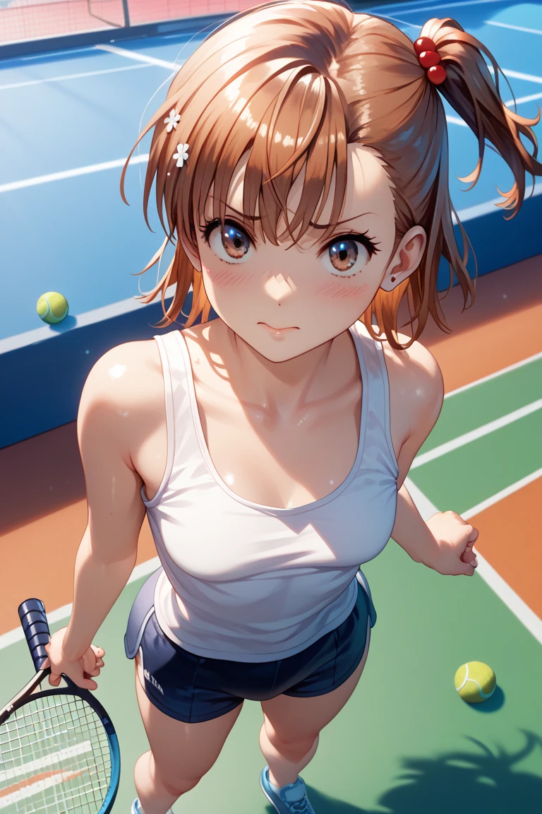 mastute piece,Best Quality,insanely detailed,8k cg,nsfw,
(shoot upper body:1.3),
(1girls:1.3),standing,looking at viewr,body in front,((both arms behind back:1.4)),(badminton wear:1.4),(bare breasts:1.4),break,
blush,shy,(??????? face),(trembling:1.2),break,(light orange hair:1.4),
break,
perfect breasts,perfect teats,(open mouth:0.9),(large breasts:1.2),
(badminton court:1.1),