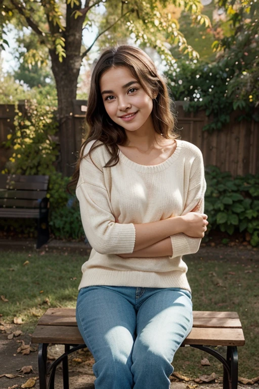((Best Quality)), ((masterpiece)), (detailed), 1 girl, sweater, in a park looking in the opposite direction to the camera and the girl looks at the ground half happy