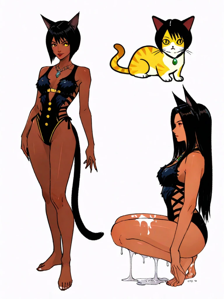 (masterpiece, best quality:1.2), full body, one girl, gray cat ears, green eyes, (dark skin), ((messy medium hair)), gray bra, black tight skirt, ((orange corset)), no background,