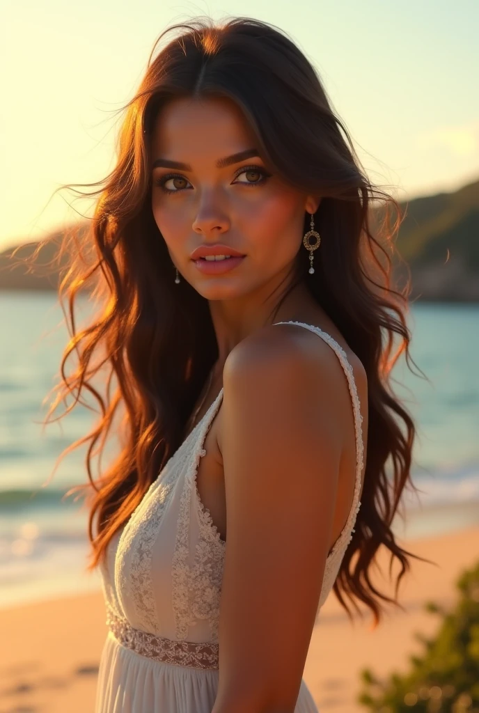 a beautiful mexican woman, plump, well proportioned, round face, detailed face, beautiful eyes, long eyelashes, detailed lips, elegant hairstyle, sitting on a boat dock, detailed boat dock, golden hour lighting, cinematic composition, warm color tones, photorealistic, masterpiece, 8k, ultra-detailed, professional photography