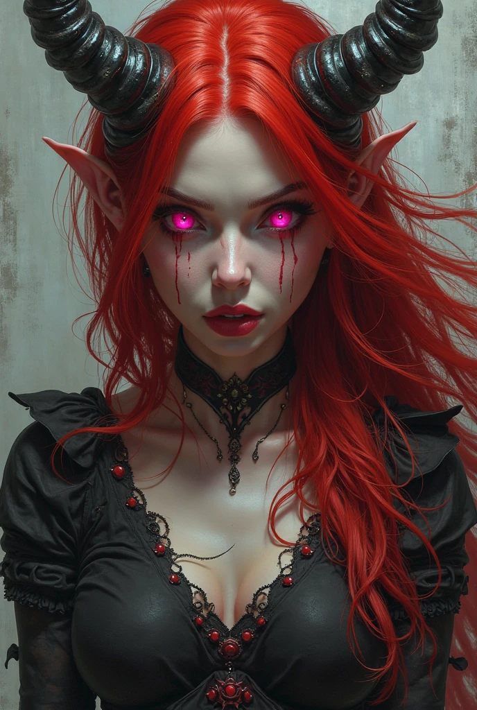In the form of a digital drawing, vampire with red hair and white streaks, RPG