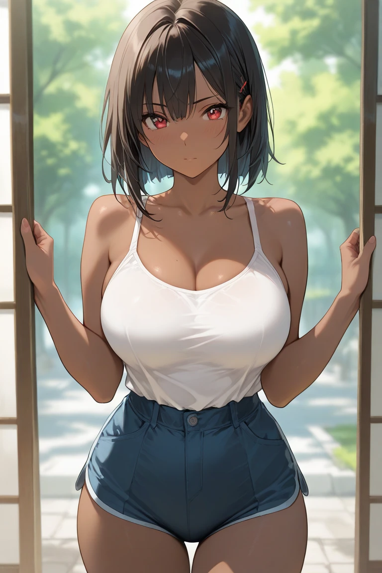 Masterpiece, best quality, beautiful girl, pretty face, sleeveless, shorts, dark skin, big breasts,
