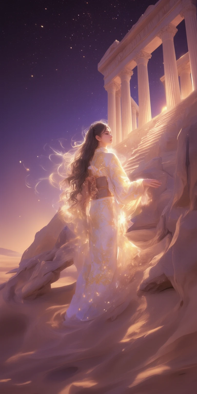 woman in Japanese kimono climbing the steps of an ancient Roman temple、white and gold glowing kimono、Looking Back、Detailed black eyes、black hair、wavy hair up to the waist、Long staircase、Strong winds、dark purple starry sky、Sand Dust、Ultra Wide Angle、from below、Top Quality、high image quality、masterpiece:1.4、high definition、absurd、8k、Spirit of the Wind、PA311