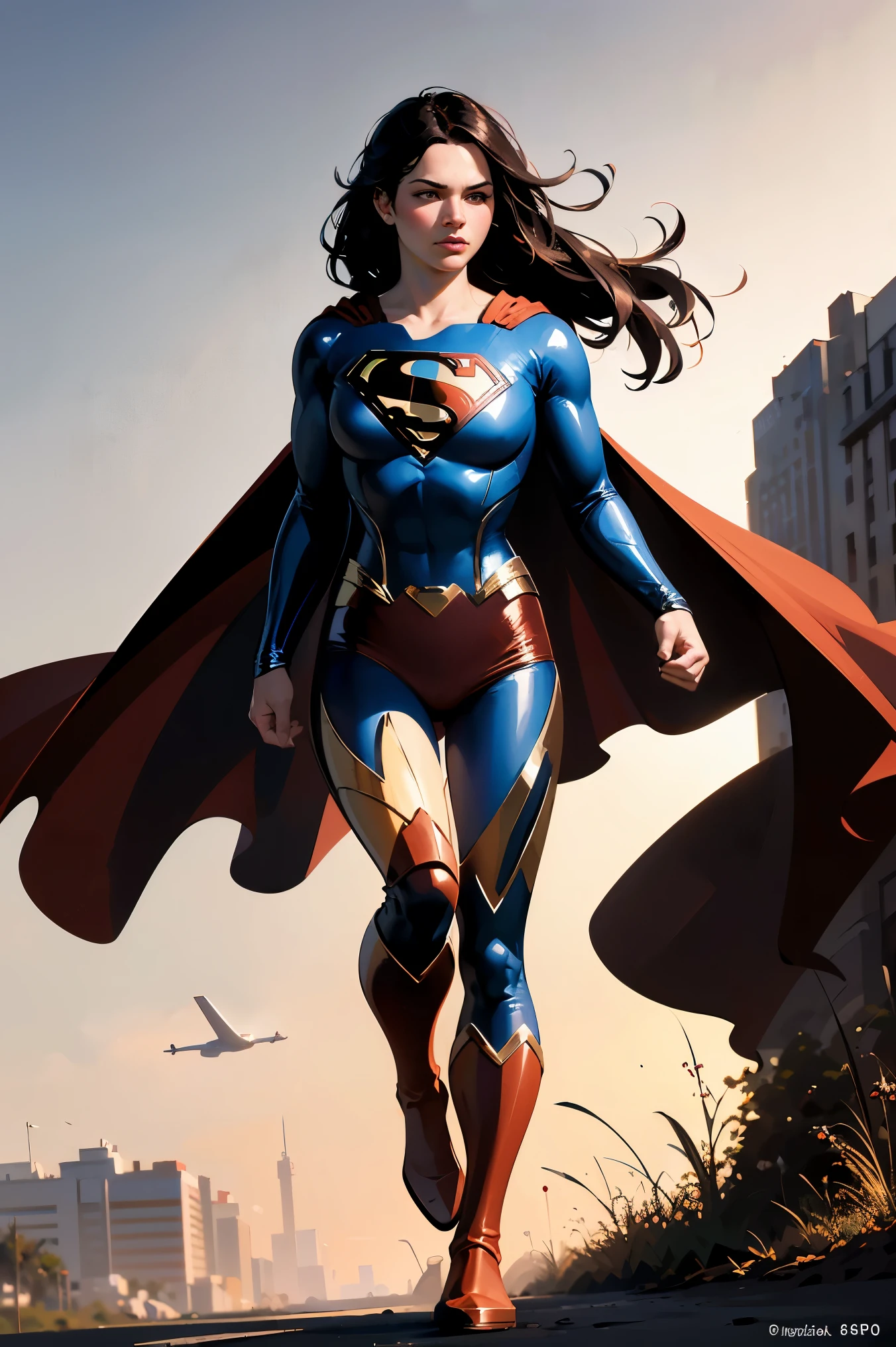 (((Best quality, 8k, Masterpiece: 1.3)), ((best quality)), ((masterpiece)), (detailed), perfect face, concept(superman), long hair, flying, sky, Megalopolis, Decided pose, mature lady, sexy